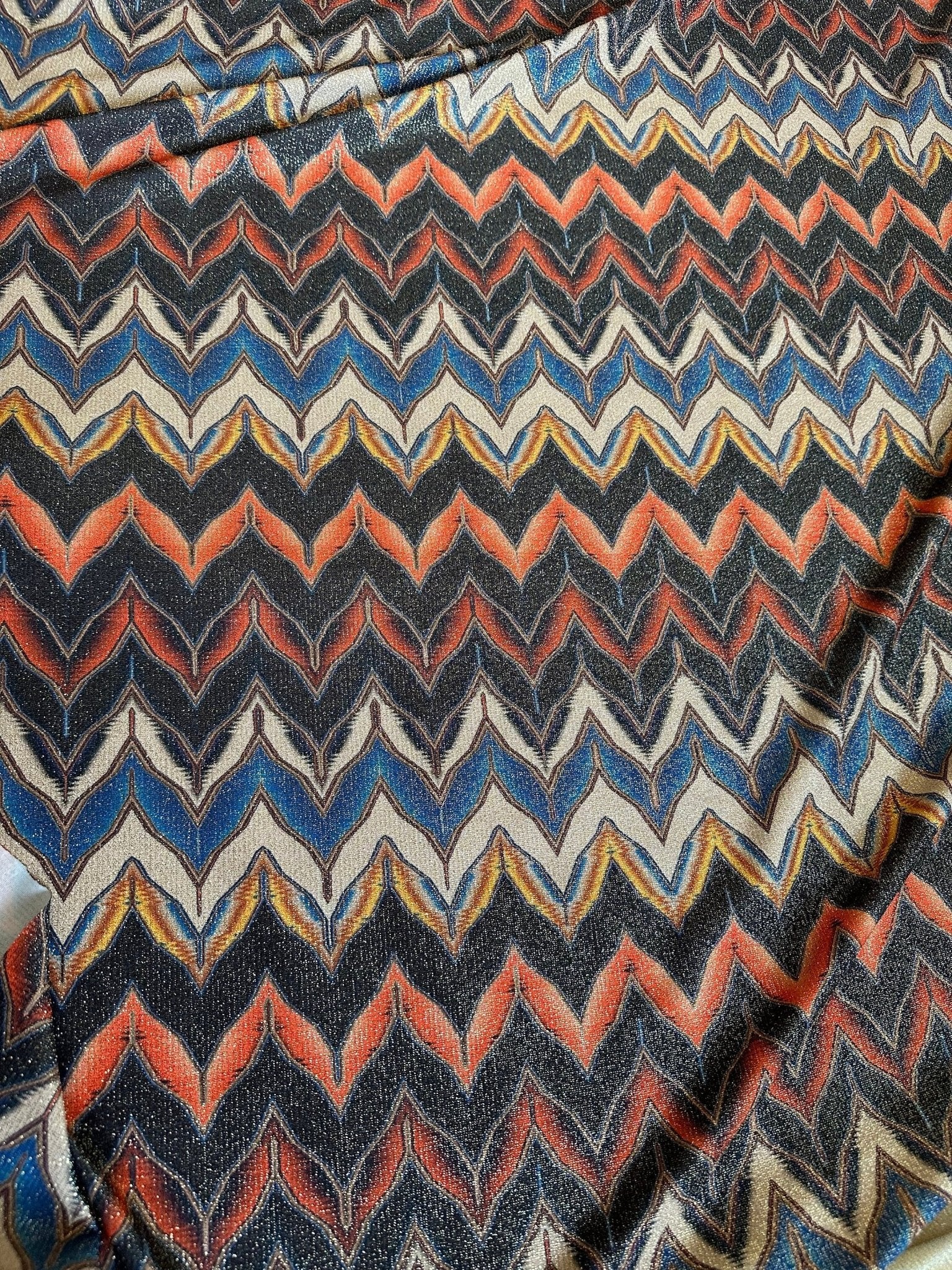 Gold Lurex Fabric, Glitter Knited 4 - way strecth Fabric, Black Orange Zigzag Pattern Fabric - Whotex