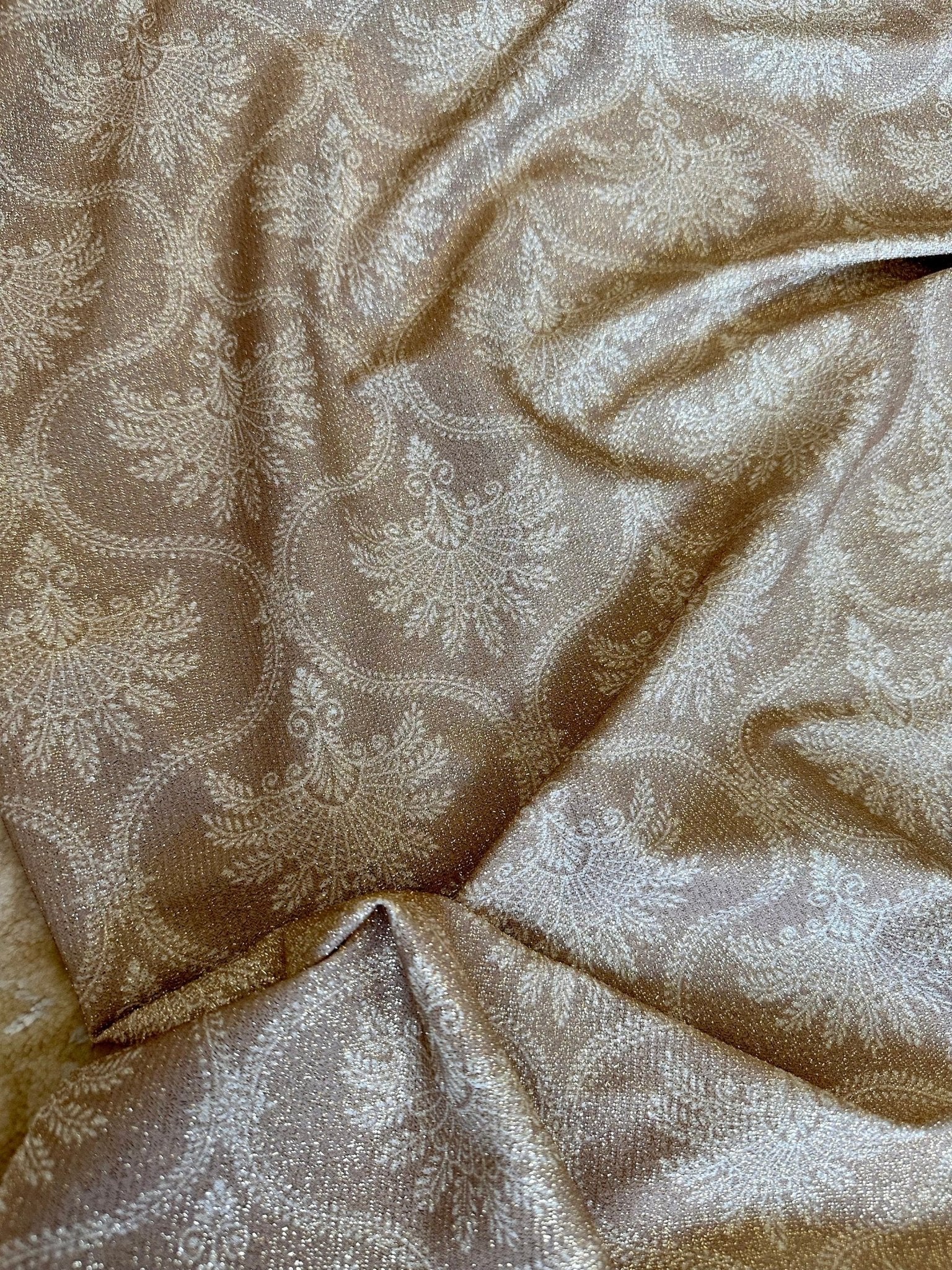 Gold Lurex Fabric, Glitter Knited 4 - way strecth Fabric, Damask Pattern Fabric, Beige White Color Fabric - Whotex