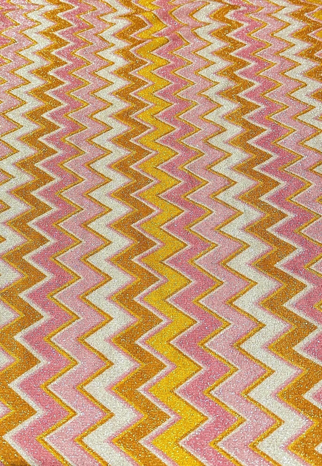 Gold Lurex Fabric, Glitter Knited 4 - way strecth Fabric, Pink Orange Zigzag Pattern Fabric - Whotex