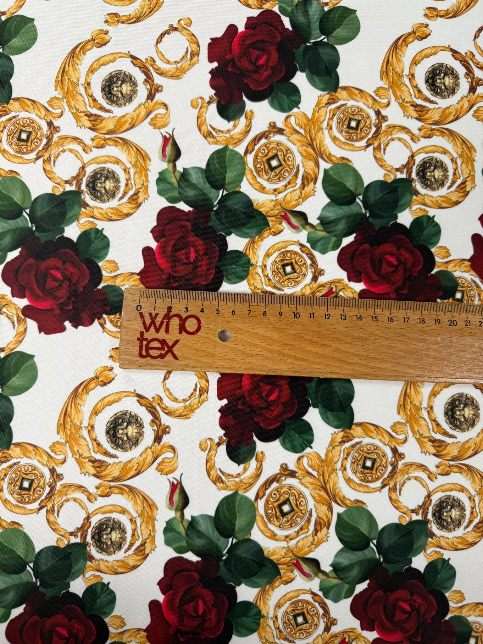 Gold Red Rose Patterned White Fabric – Fabric by Metre, Multiple Options for Sewing & Dressmaking - Whotex Fabrics London