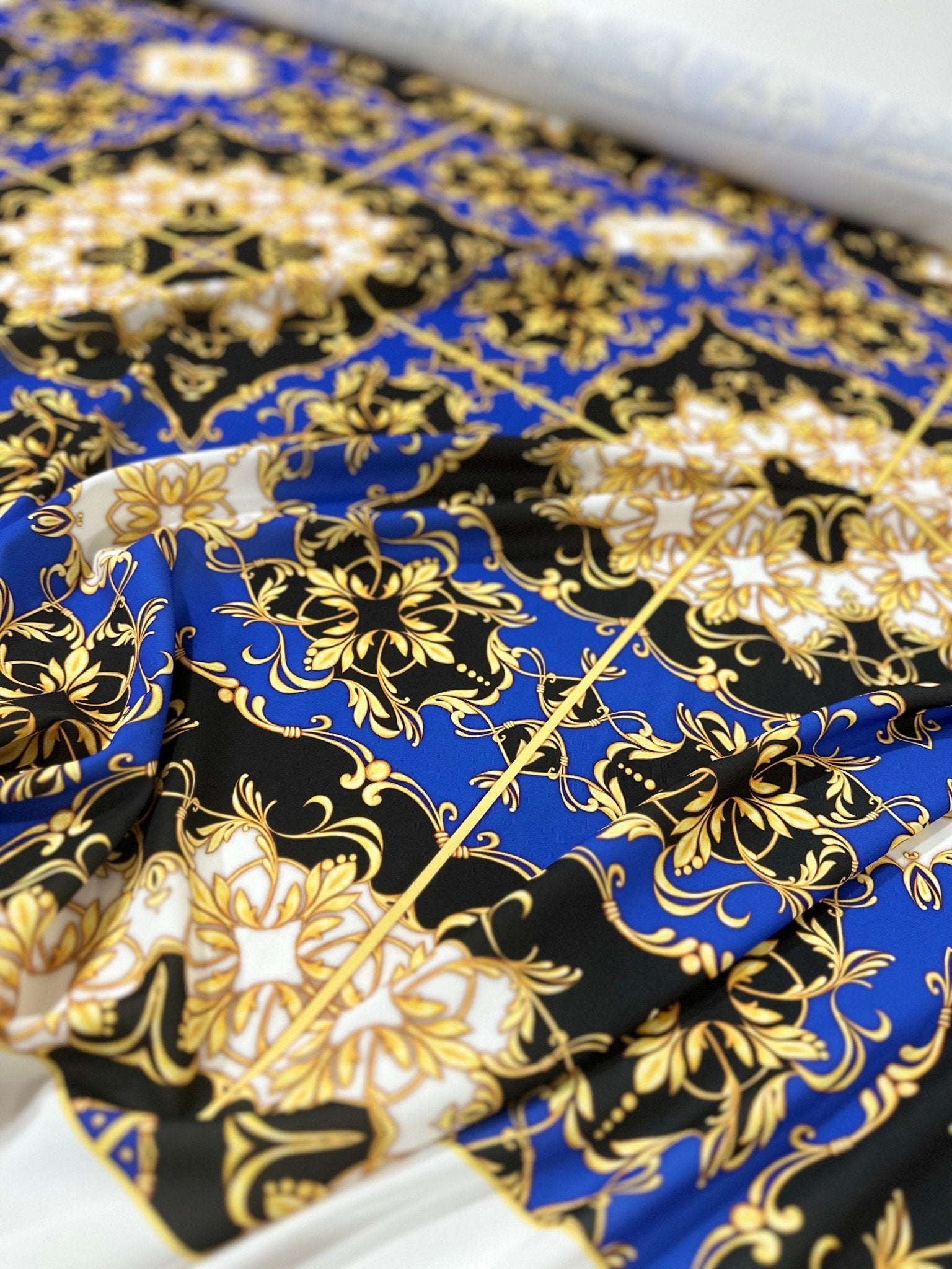 Golden Scrolls Pattern Silky Crepe Fabric - Whotex