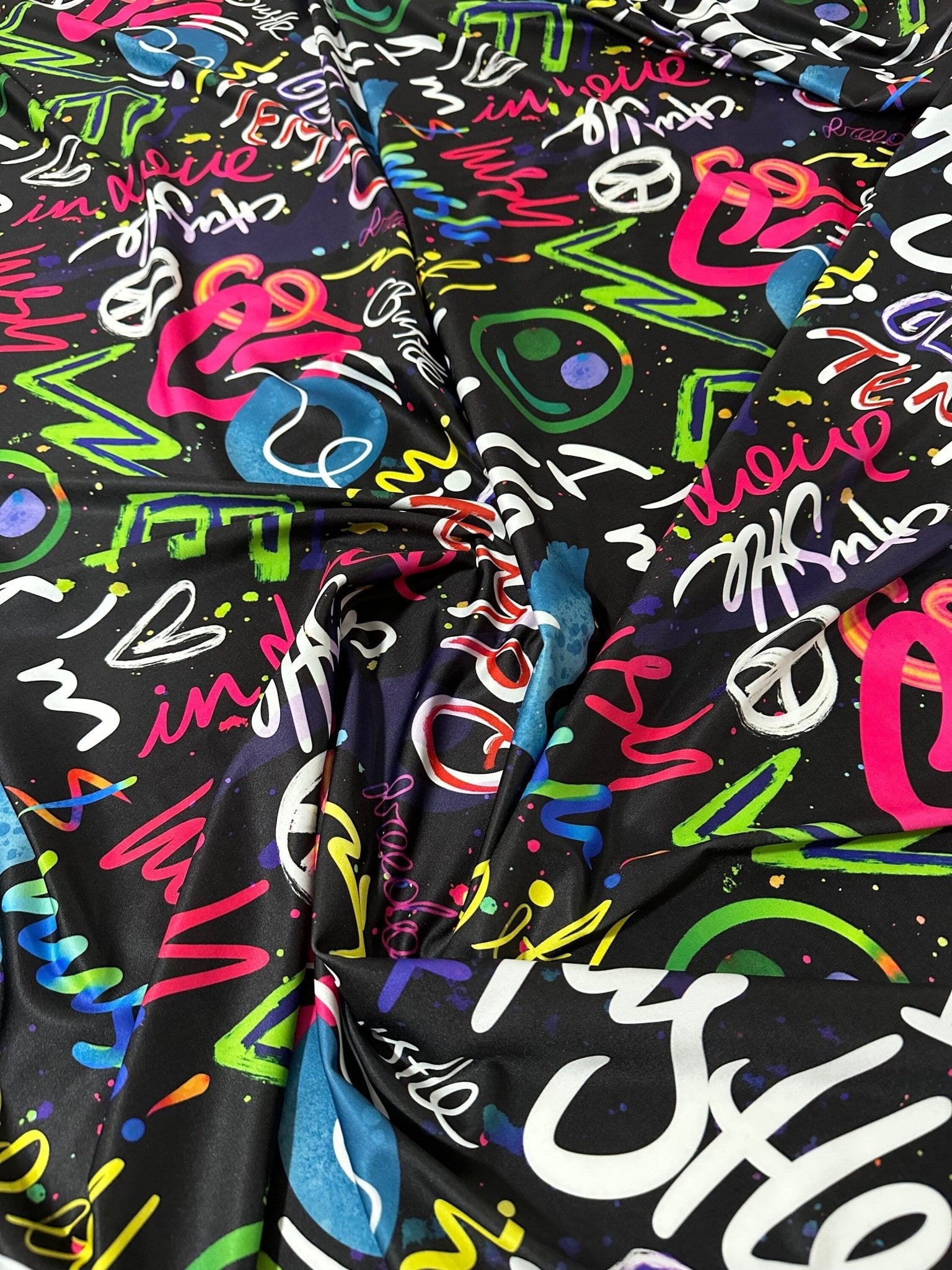 Graffiti Street Art Fabric, Vibrant Neon Lettering & Urban Design On Black - Whotex Online Fabric Store