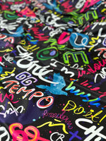 Graffiti Street Art Fabric, Vibrant Neon Lettering & Urban Design On Black - Whotex Online Fabric Store