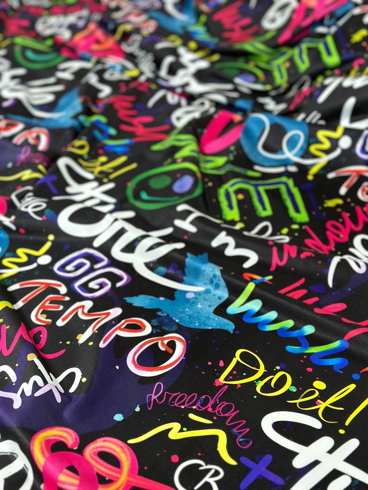 Graffiti Street Art Fabric, Vibrant Neon Lettering & Urban Design On Black - Whotex Online Fabric Store