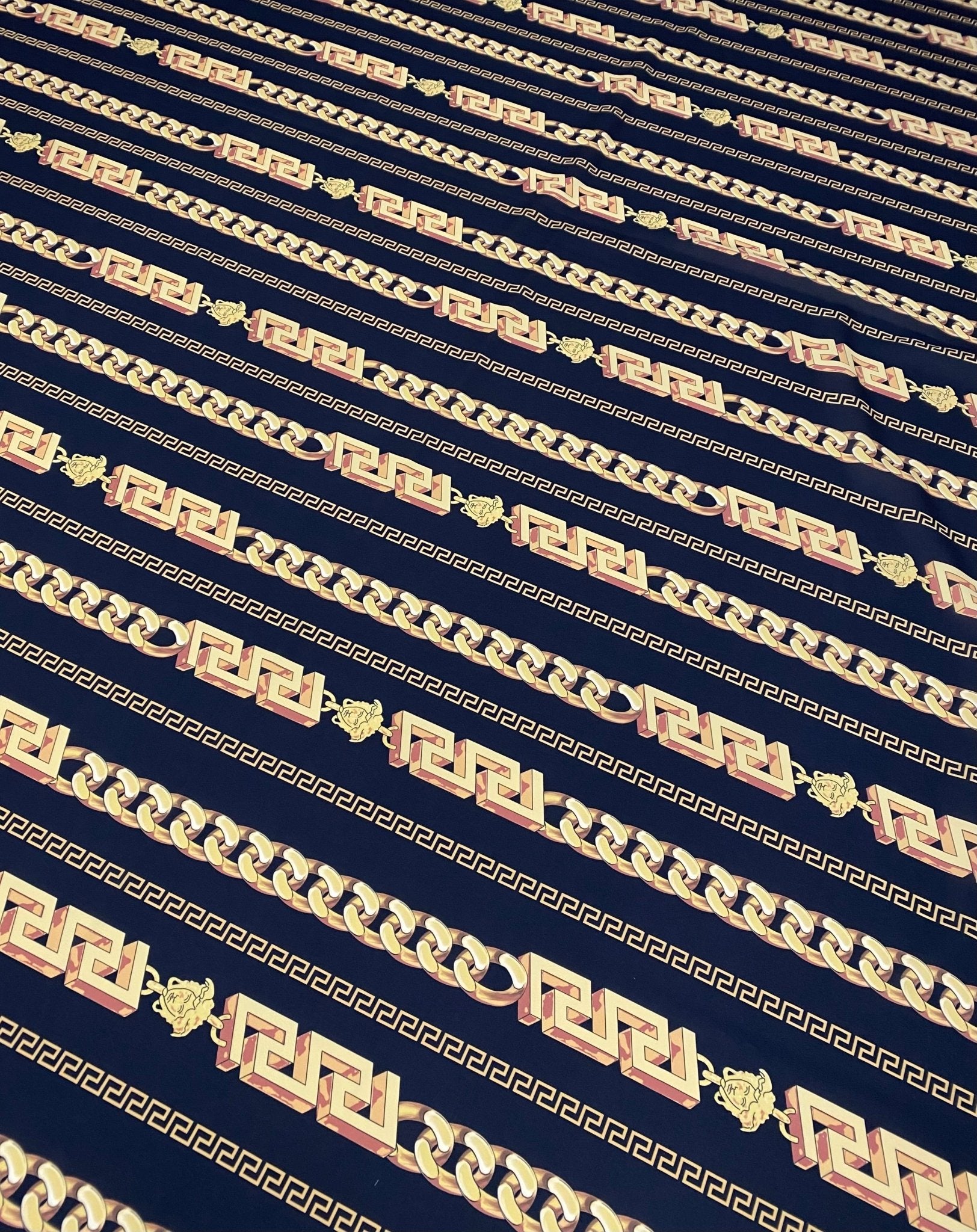 Greek Key Black and Gold Pattern Fabric – Available in Satin, Crepe, Spandex & Chiffon | By Metre - Whotex Fabrics London
