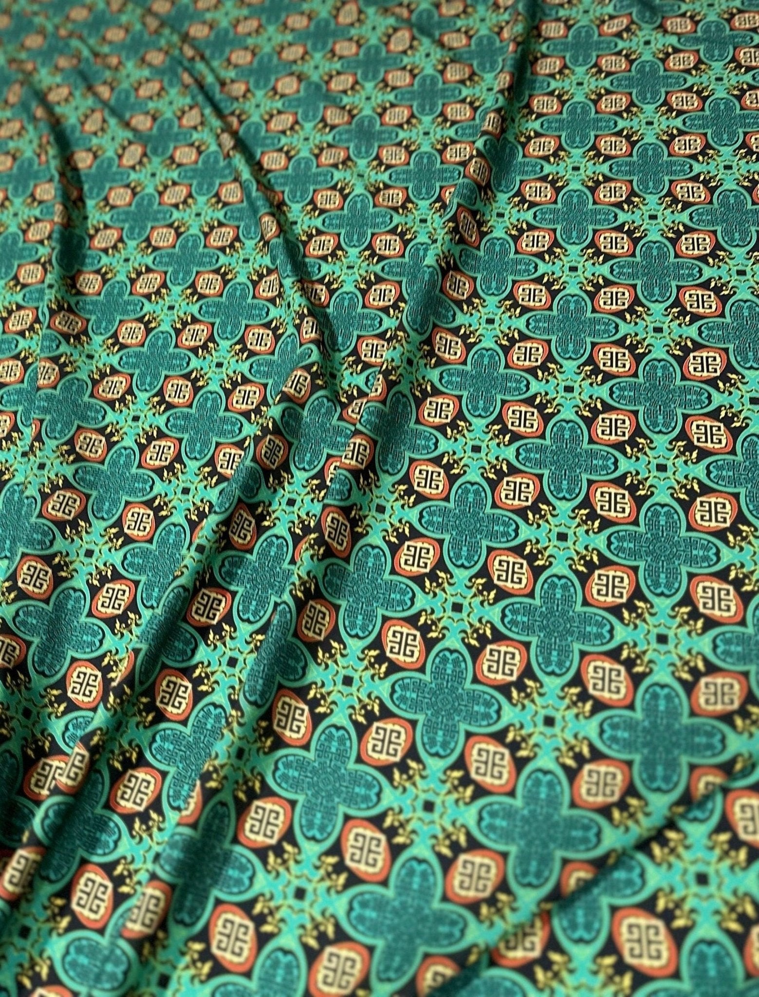 Greek key Design Fabric, Green Crepe Fabric - Whotex