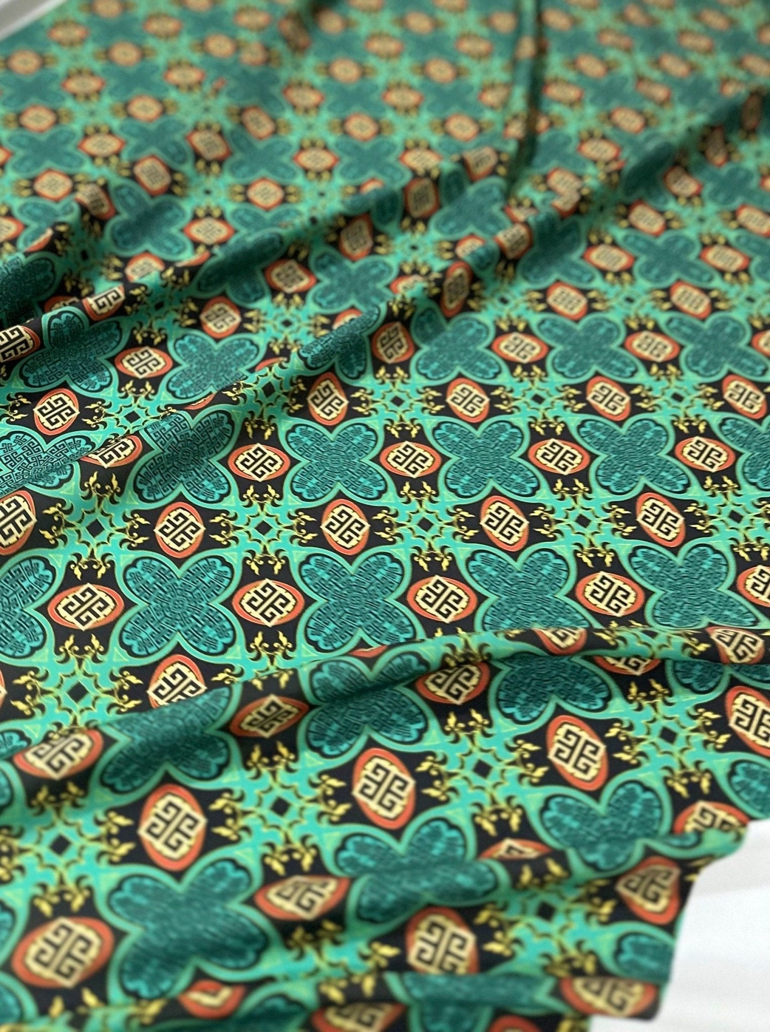 Greek key Design Fabric, Green Crepe Fabric - Whotex