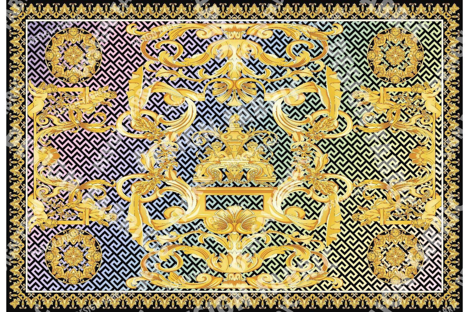 Greek Key pattern fabric, Gold Baroque Silky Crepe Fabric , Panel Fabric 150*100cm // 1.64 * 1.09 yard - Whotex Online Fabric Store
