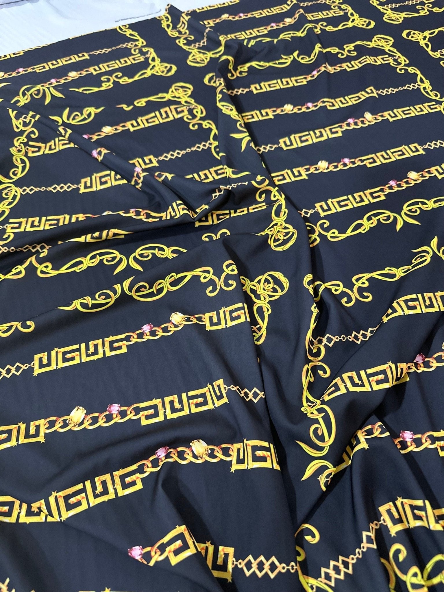 Greek Key pattern Silky Crepe Fabric, Gold Chain Pattern Fabric , - Whotex