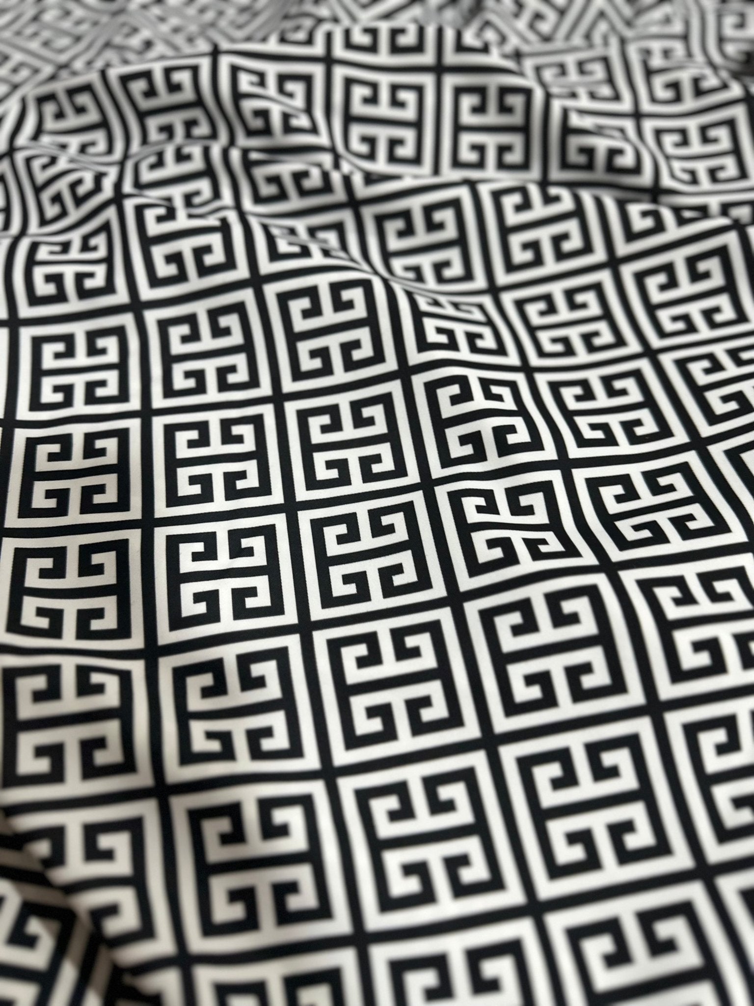 Greek key Pattern Silky Crepe Fabric, White Black Color - Whotex