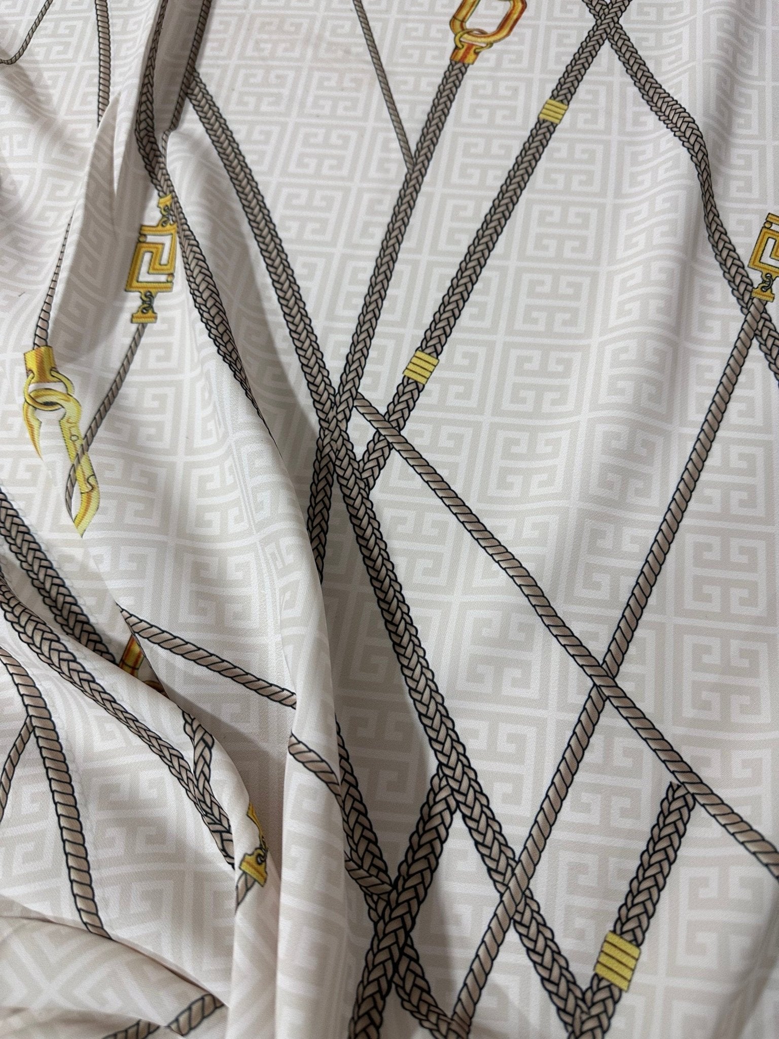 Greek key Pattern Silky Satin Fabric, Chain Pattern Cream Color - Whotex