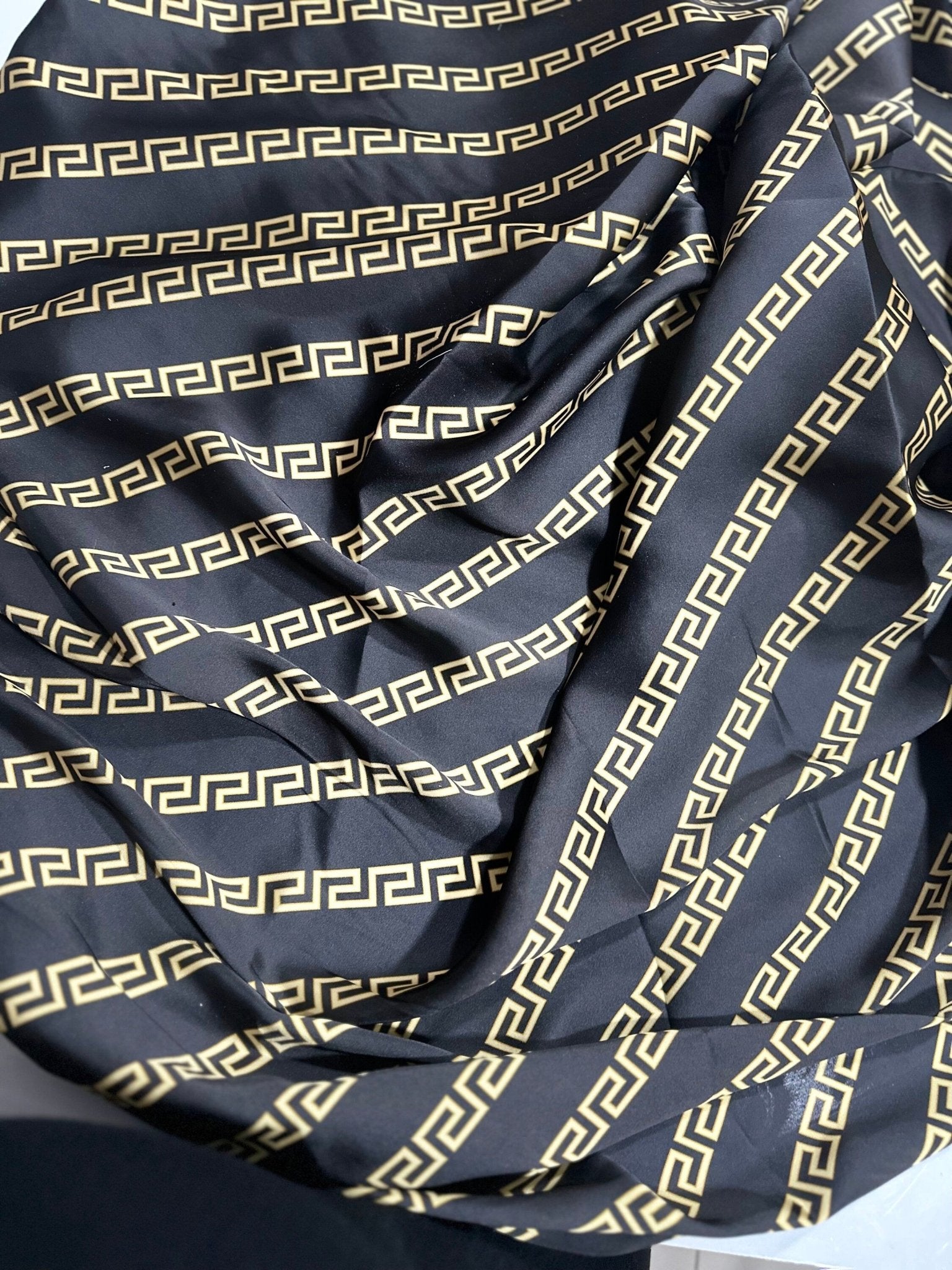 Greek key Pattern Silky Satin Fabric, Gold Black Color - Whotex