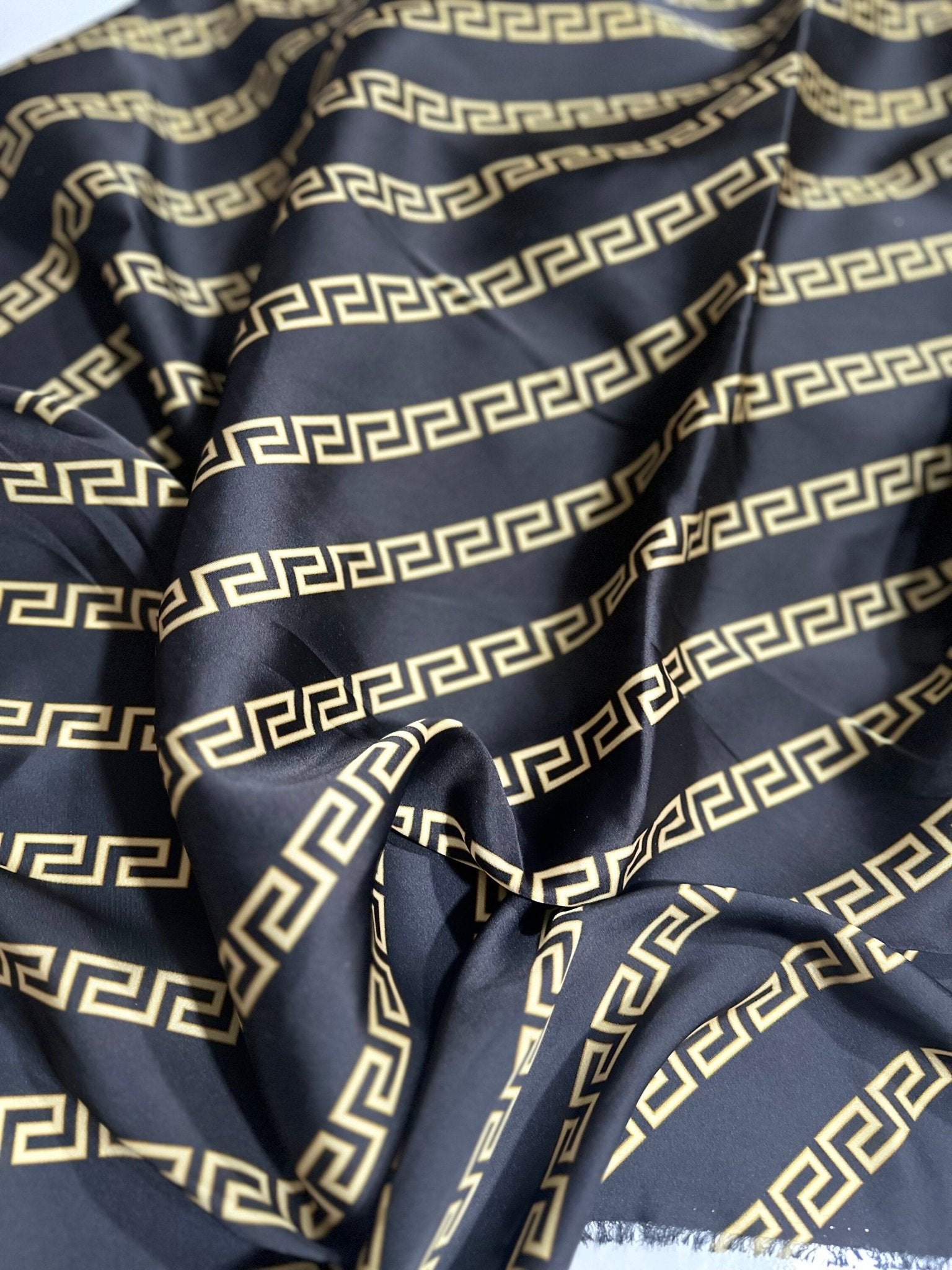 Greek key Pattern Silky Satin Fabric, Gold Black Color - Whotex