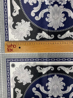 Greek Key Pattern with Navy Blue Baroque Fabric – Available in Satin, Crepe, Spandex & Chiffon | By Metre - Whotex Fabrics London
