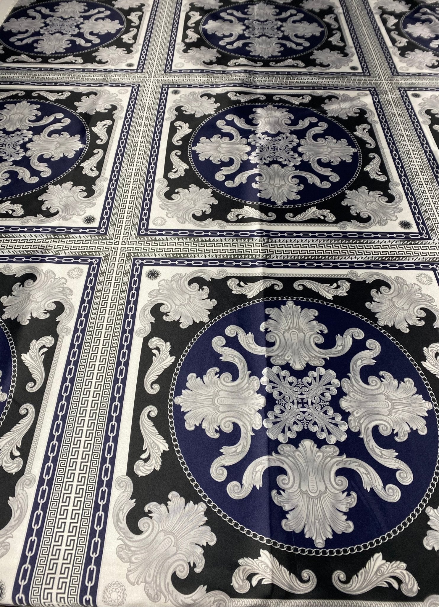 Greek Key Pattern with Navy Blue Baroque Fabric – Available in Satin, Crepe, Spandex & Chiffon | By Metre - Whotex Fabrics London