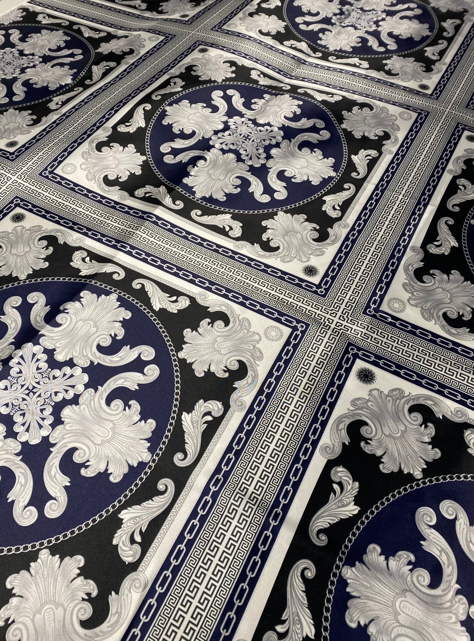 Greek Key Pattern with Navy Blue Baroque Fabric – Available in Satin, Crepe, Spandex & Chiffon | By Metre - Whotex Fabrics London