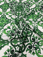 Green Baroque Print Linen Fabric by the Metre - Whotex Fabrics London