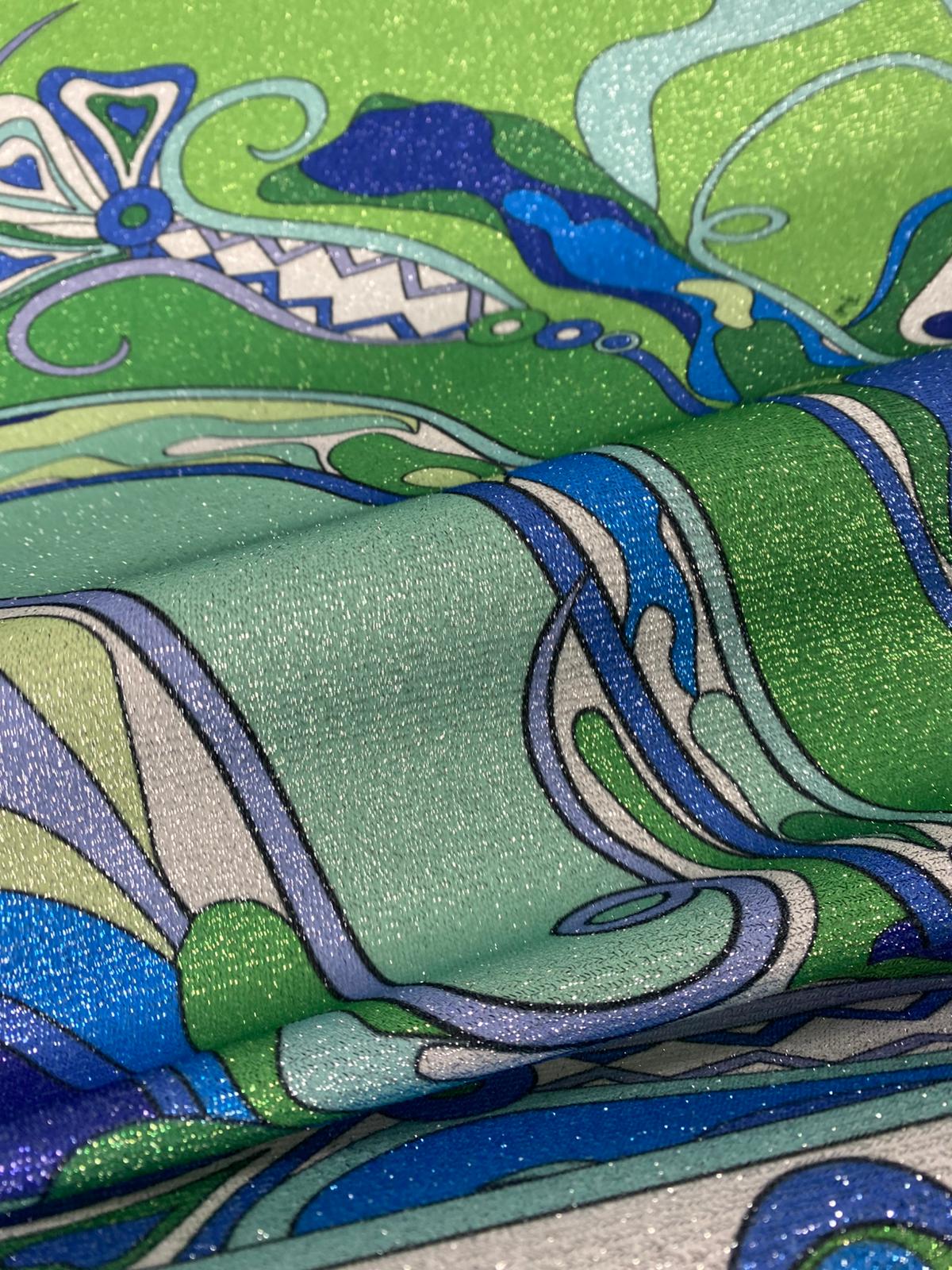 Green Blue Shimmer Print Lurex Fabric by the Metre - Whotex Fabrics London