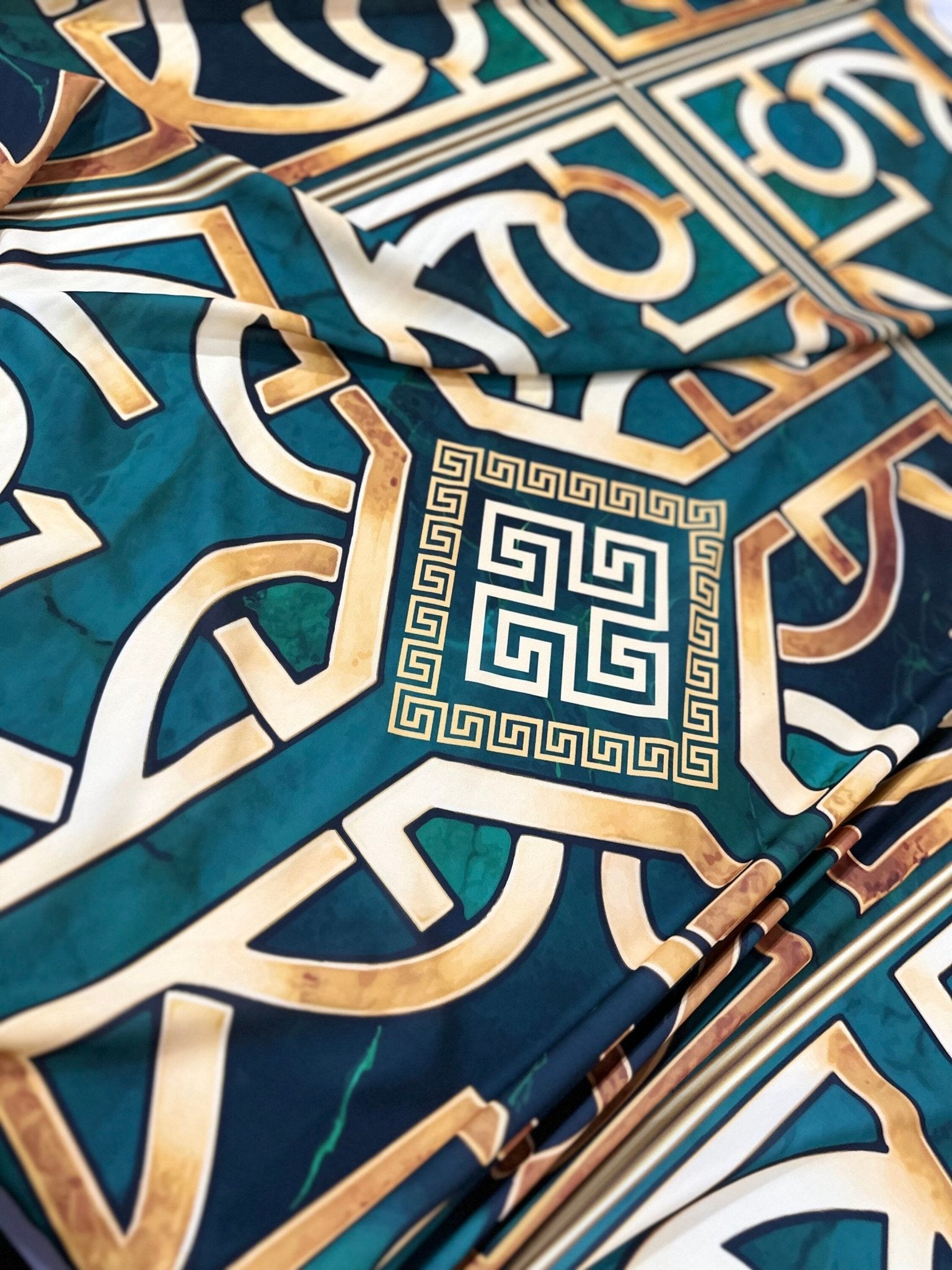 Green gold Crepe Silky Fabric, Greek Key Pattern Fabric , , Chain pattern - Whotex