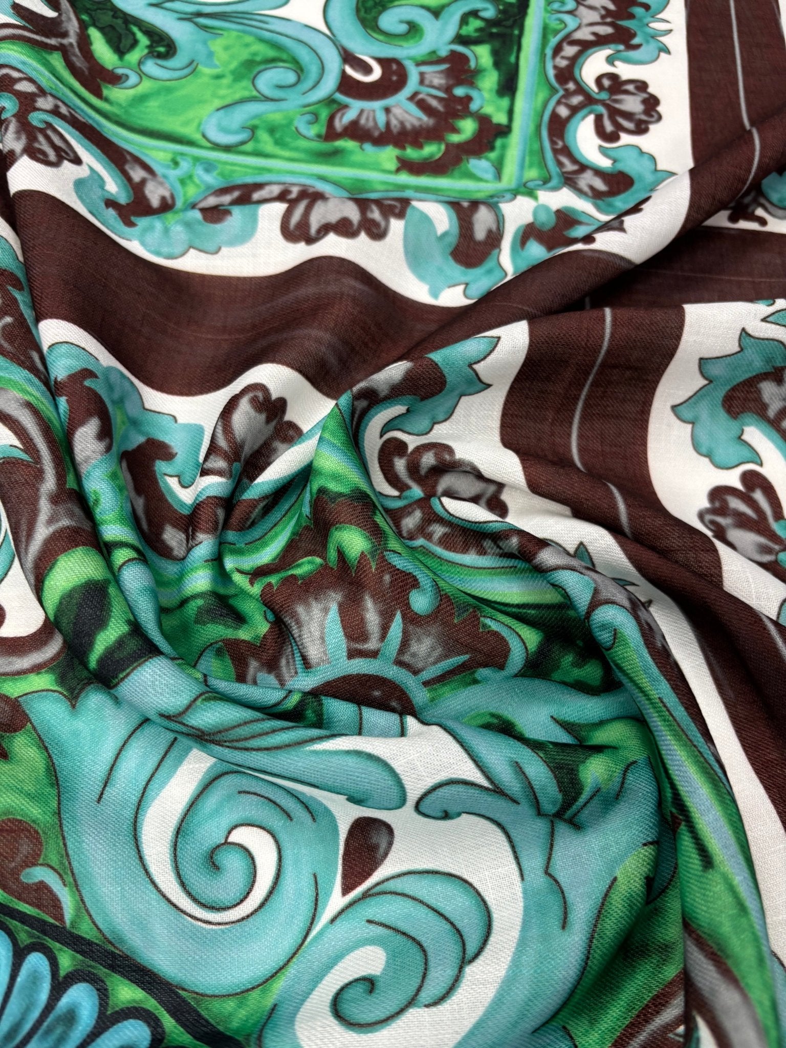 Green Ornamental Linen Fabric by the Metre - Whotex Fabrics London