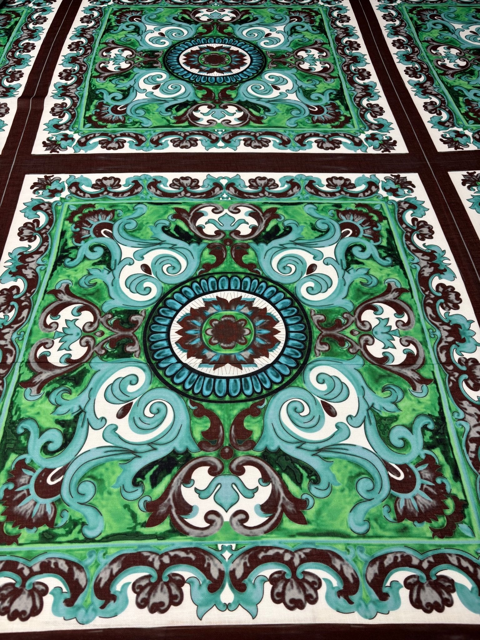 Green Ornamental Linen Fabric by the Metre - Whotex Fabrics London