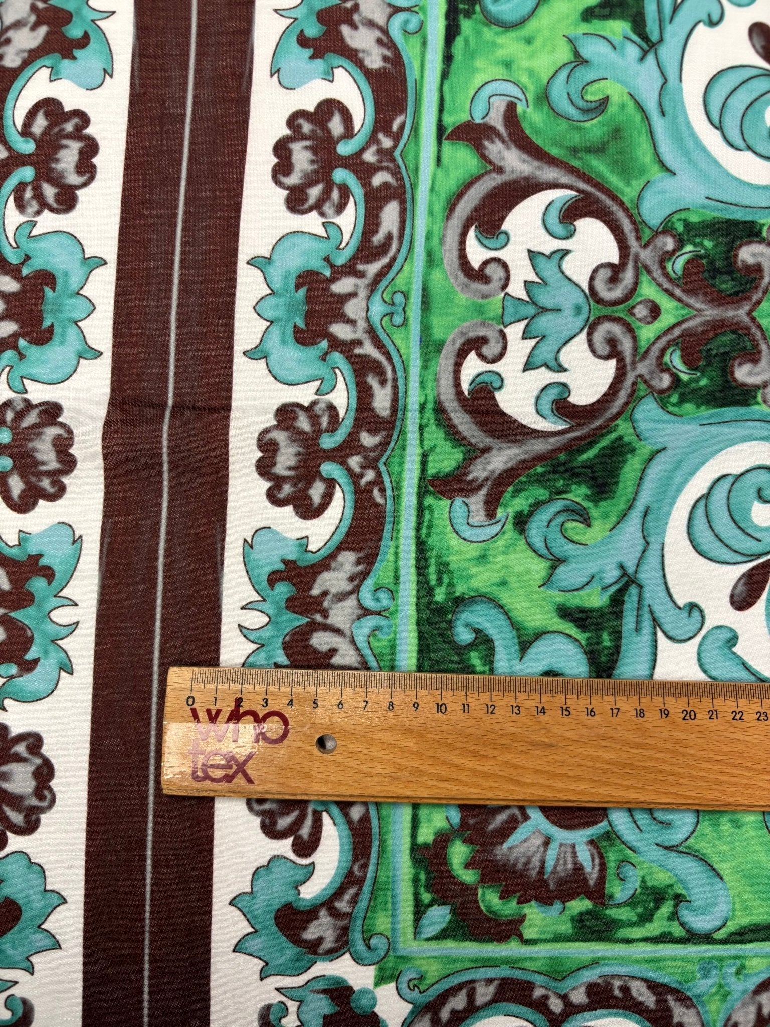 Green Ornamental Linen Fabric by the Metre - Whotex Fabrics London