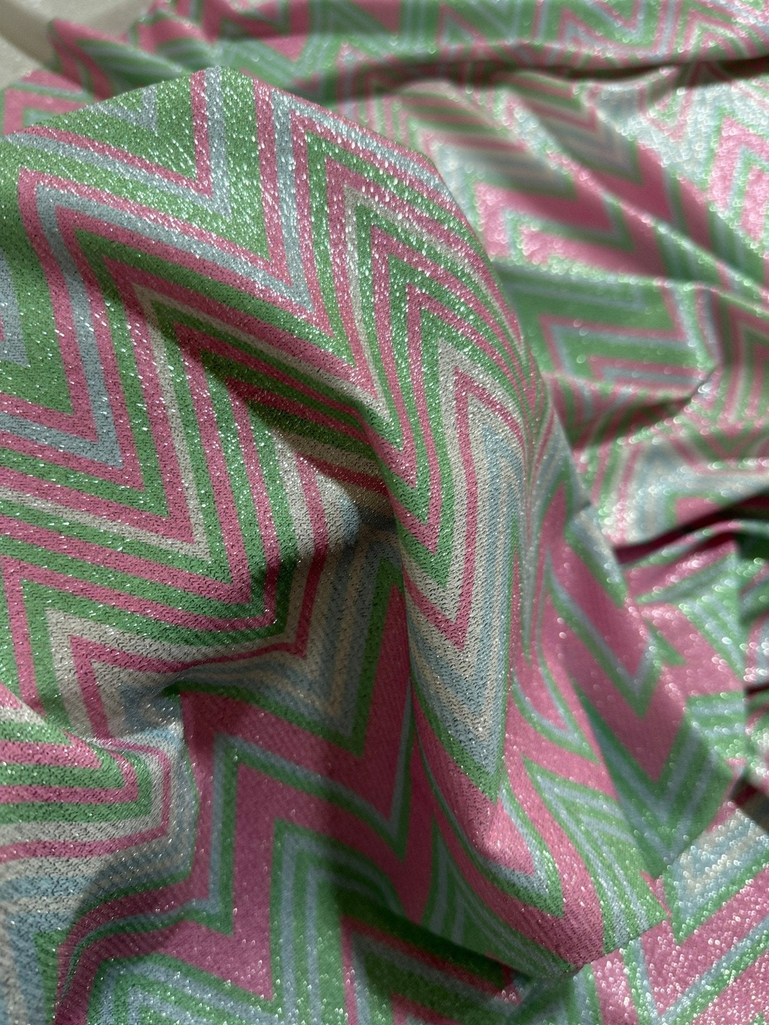 Green Pink Zigzag Pattern Knit Fabric, Lurex Fabric, 4 - Way Stretch Spandex Fabric, Dancewear, tights,dress fabric, Evening Dress Fabric - Whotex