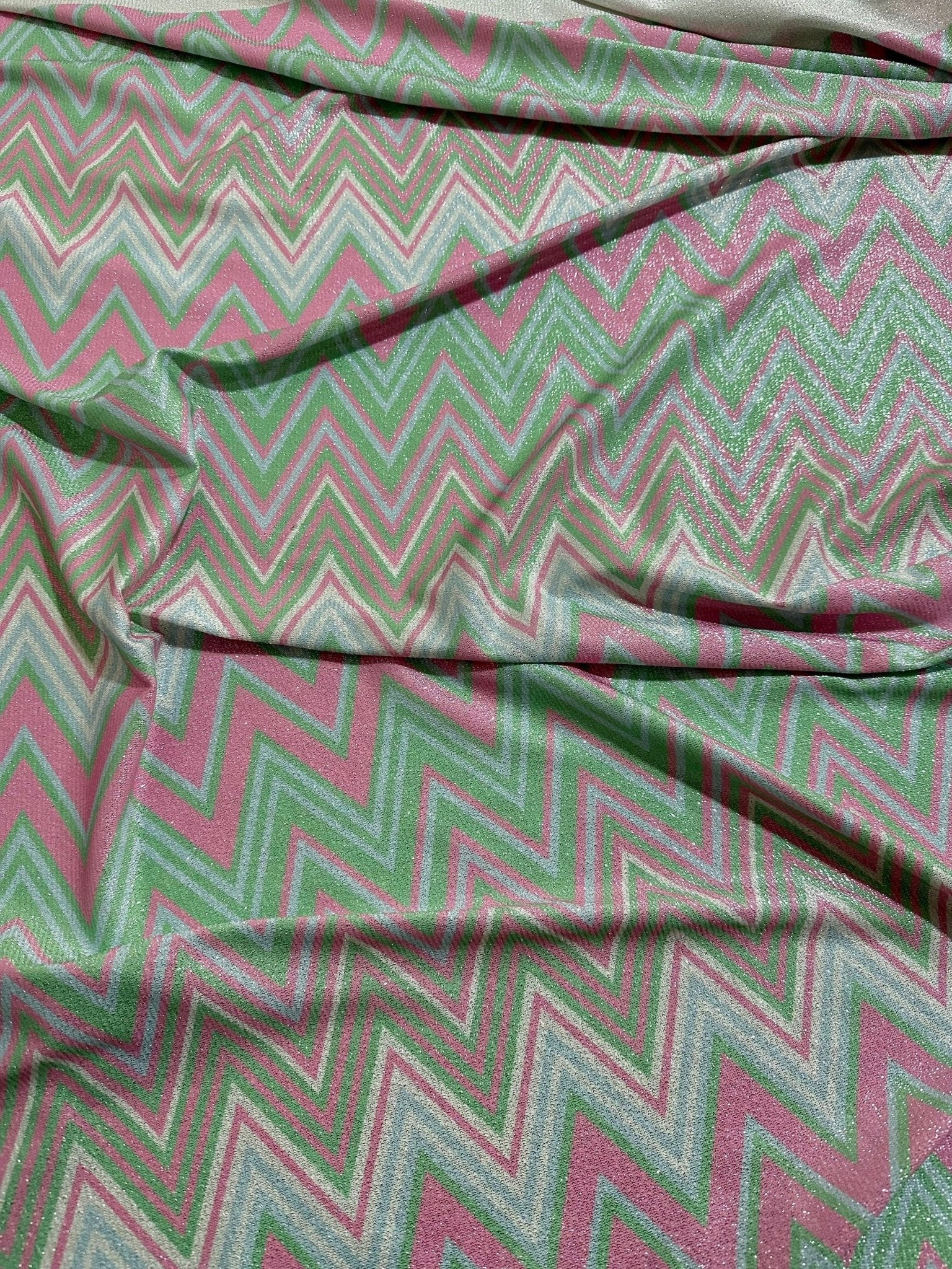 Green Pink Zigzag Pattern Knit Fabric, Lurex Fabric, 4 - Way Stretch Spandex Fabric, Dancewear, tights,dress fabric, Evening Dress Fabric - Whotex