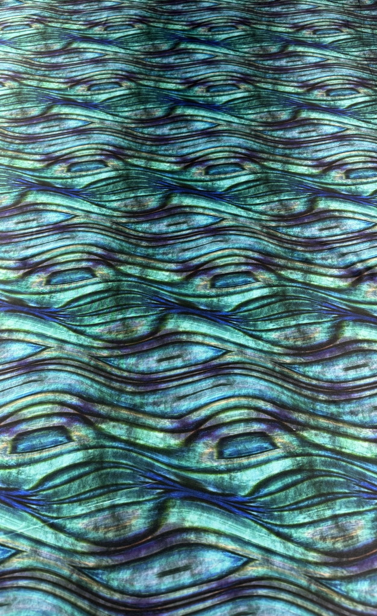 Green Wave Print Lycra Satin Fabric by the Metre - Whotex Fabrics London