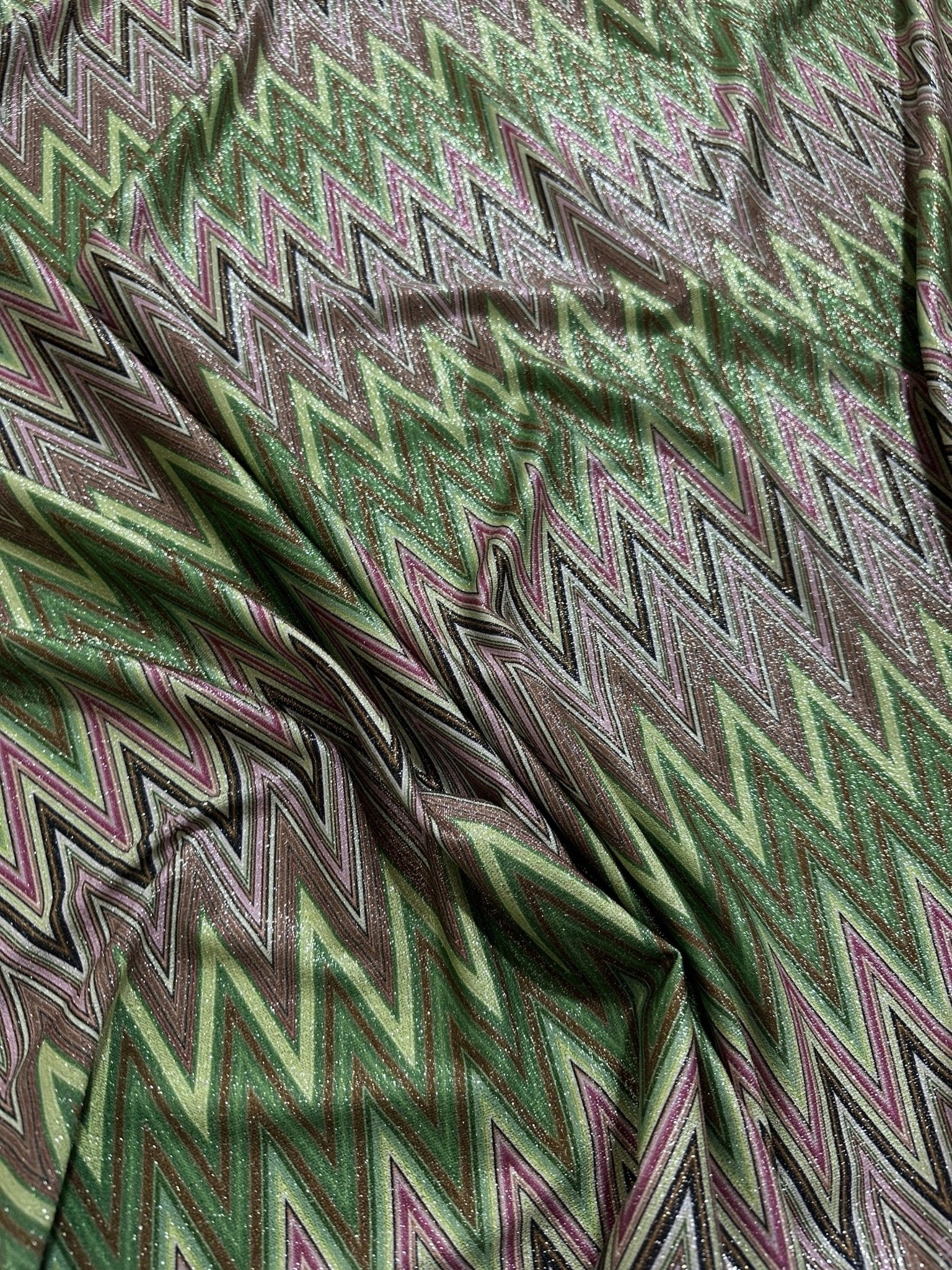 Green Zigzag Pattern Knit Fabric, Lurex Fabric, 4 - Way Stretch - Whotex Online Fabric Store
