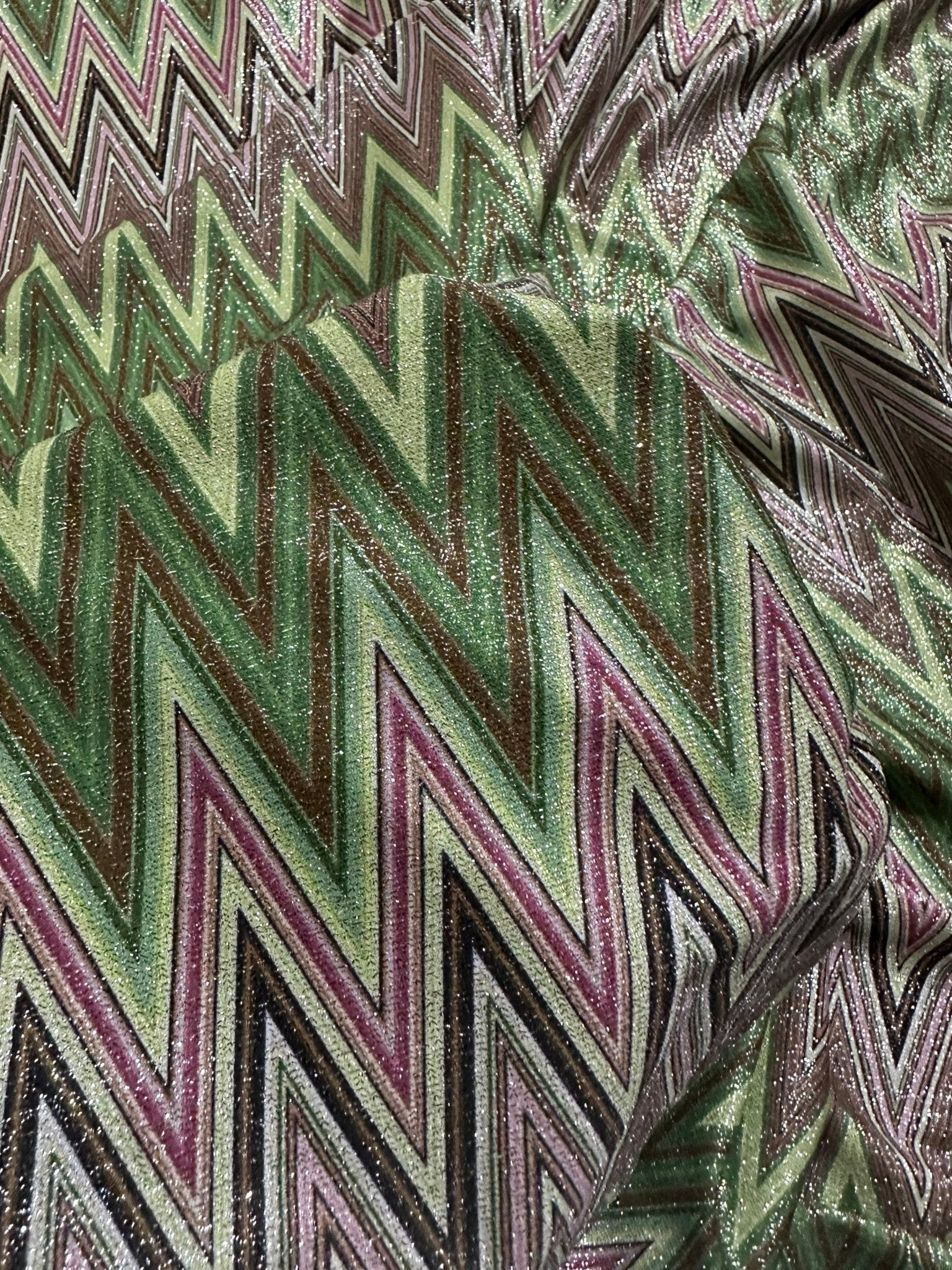 Green Zigzag Pattern Knit Fabric, Lurex Fabric, 4 - Way Stretch - Whotex Online Fabric Store