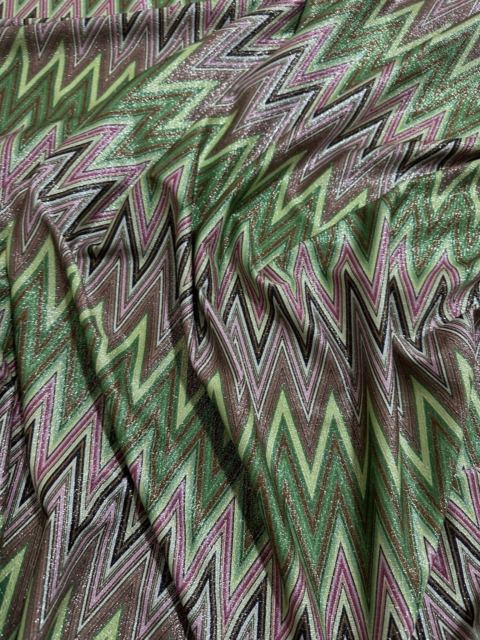 Green Zigzag Pattern Knit Fabric, Lurex Fabric, 4 - Way Stretch Spandex Fabric - Whotex