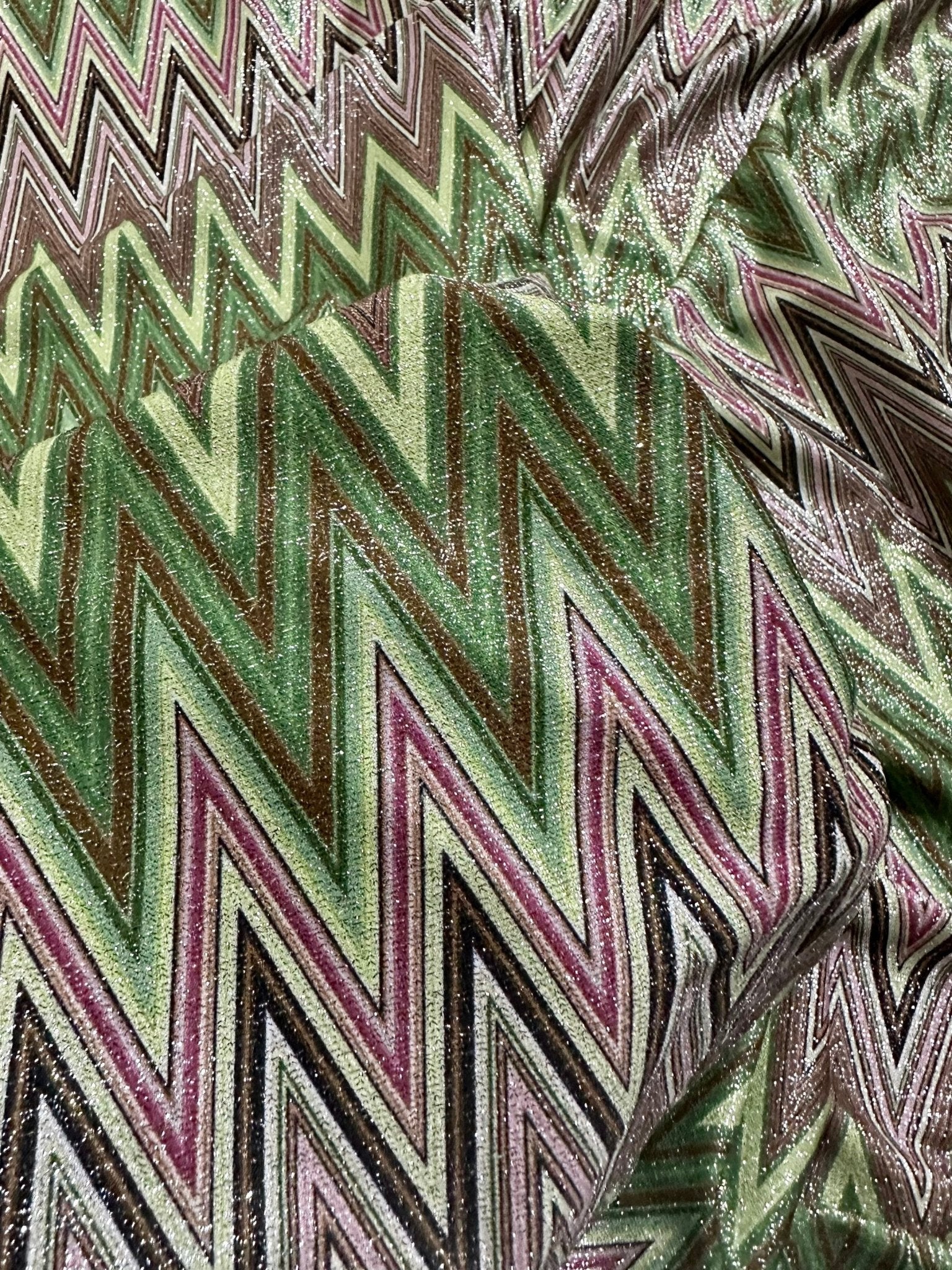 Green Zigzag Pattern Knit Fabric, Lurex Fabric, 4 - Way Stretch Spandex Fabric - Whotex