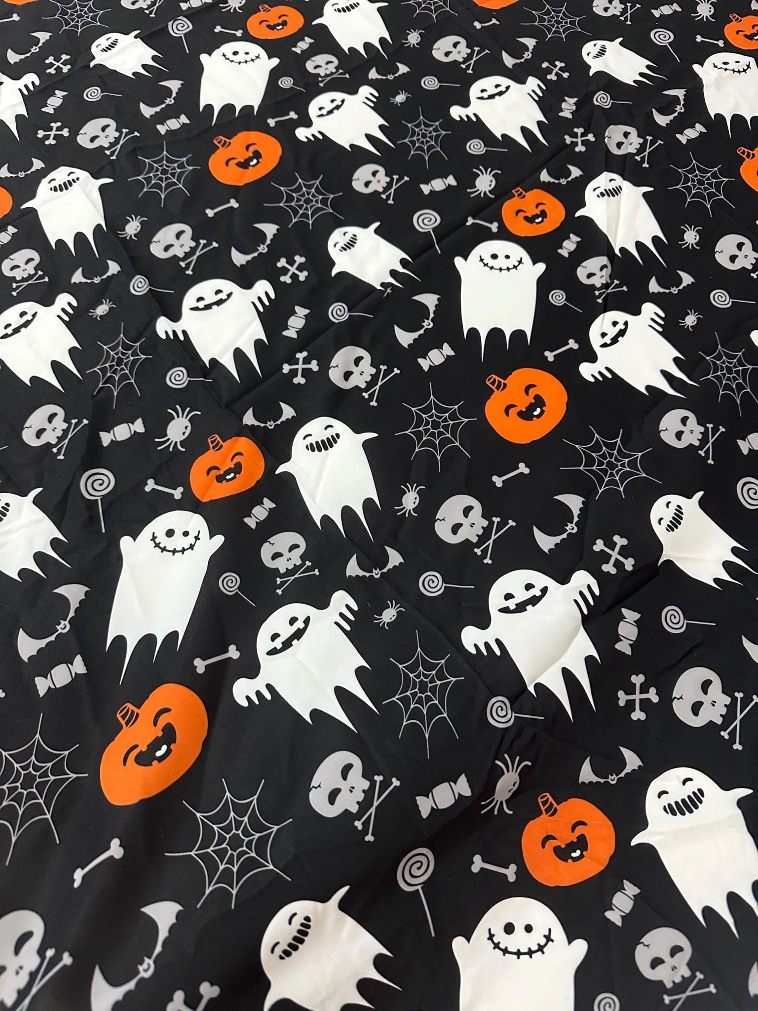 Halloween Fabric, Happy Ghost, Crepe, Satin, 4 Way Stretch, and Upholstery Fabric - Whotex