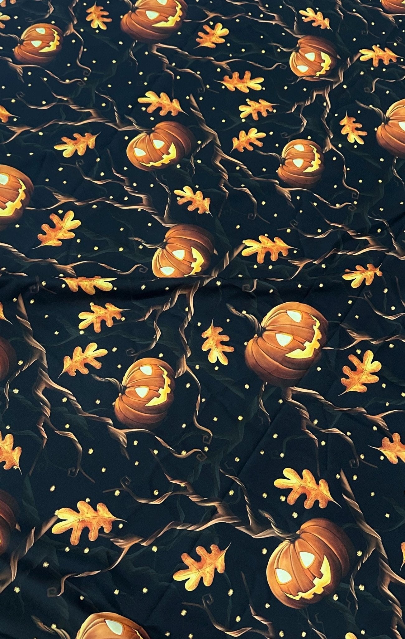 Halloween Fabric, Pumpkins Black, Crepe, Satin, 4 Way Stretch, and Upholstery Fabric - Whotex