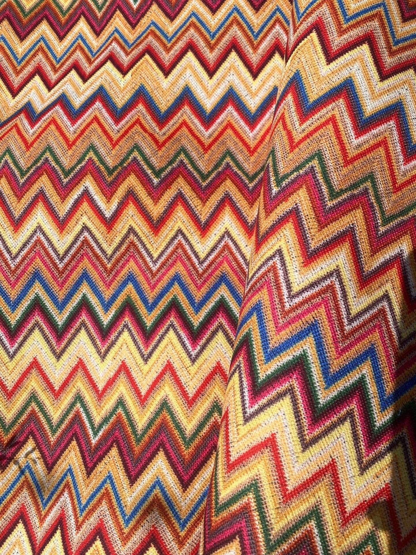 Colorful zigzag chevron upholstery fabric with vibrant digital print for outdoor use, 150cm wide.