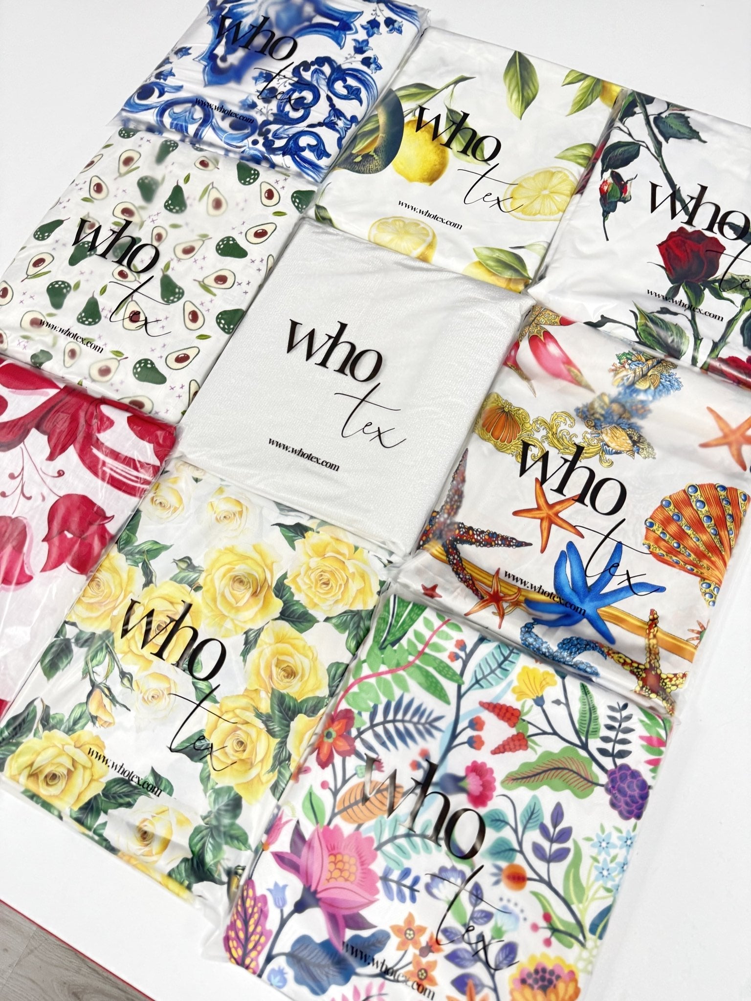Collection of patterned fabric swatches with floral and abstract designs.