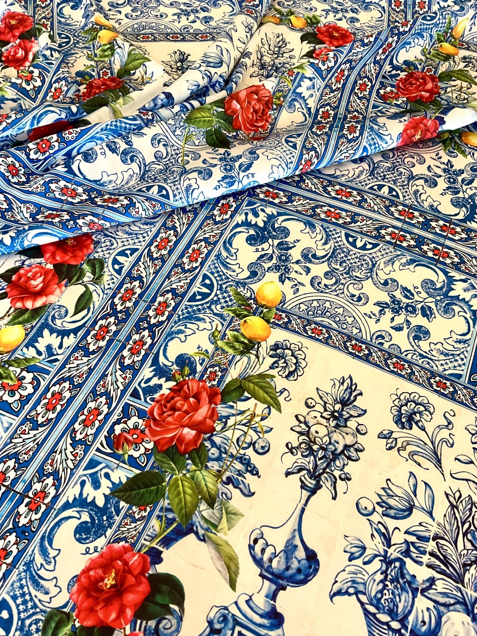 Italian Tile Fabric, Majolica Mosaic Pattern, Crepe or Satin Fabric By The Yard - Whotex Online Fabric Store