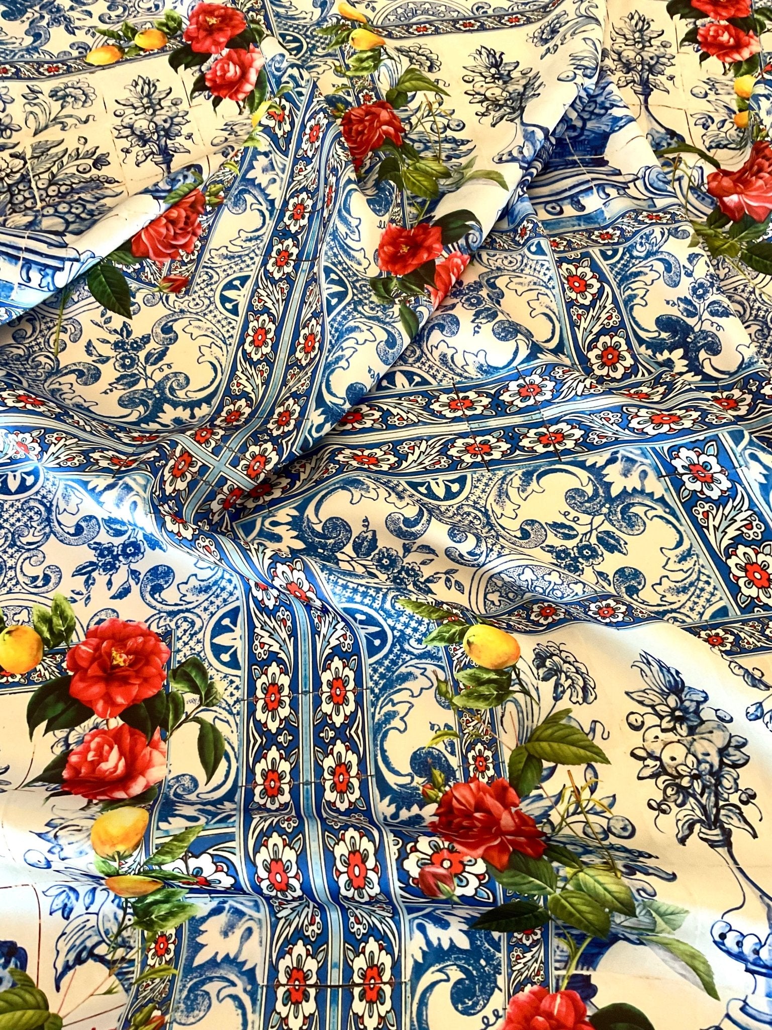 Italian Tile Fabric, Majolica Mosaic Pattern, Crepe or Satin Fabric By The Yard - Whotex Online Fabric Store