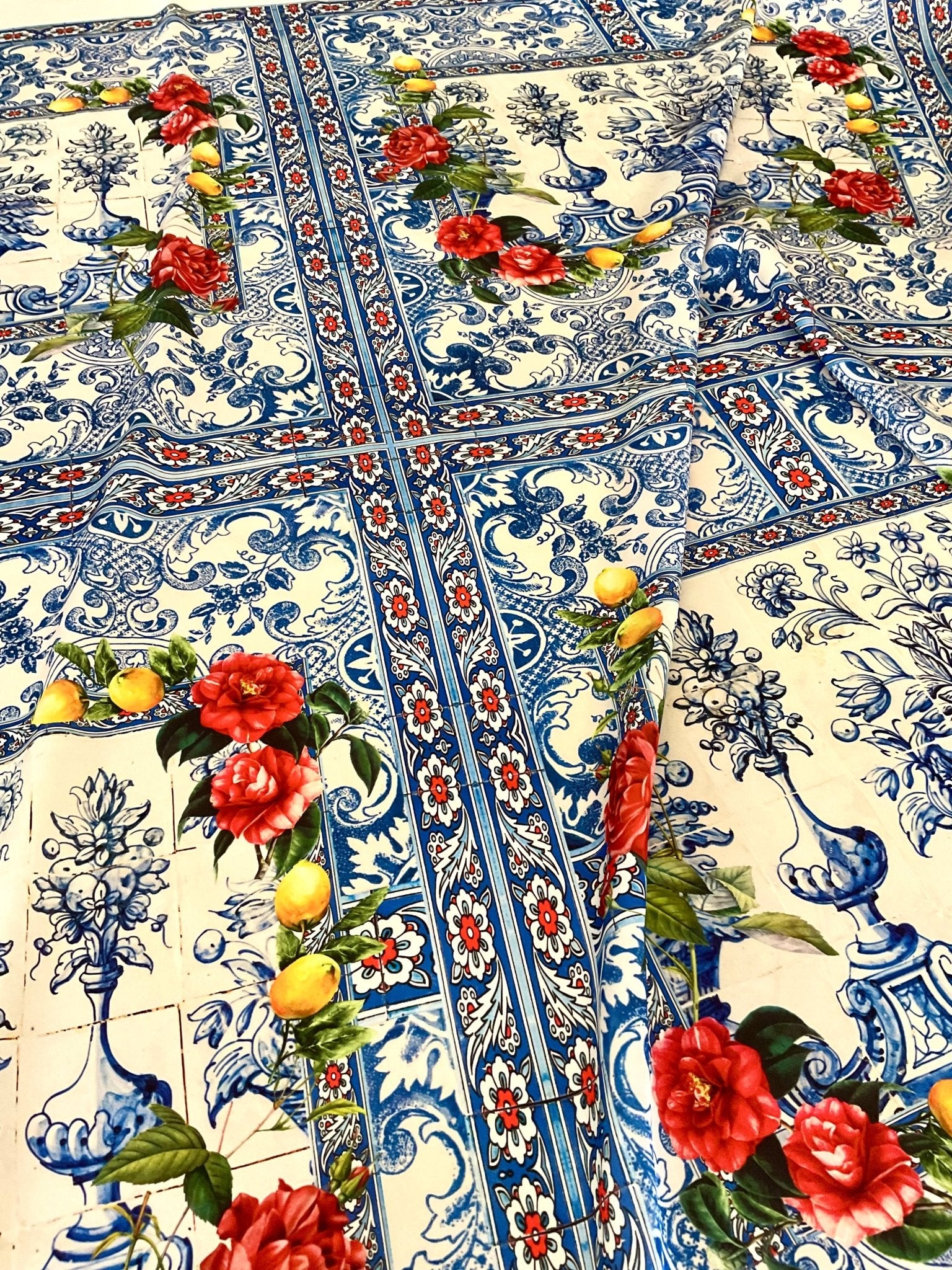 Italian Tile Fabric, Majolica Mosaic Pattern, Crepe or Satin Fabric By The Yard - Whotex Online Fabric Store