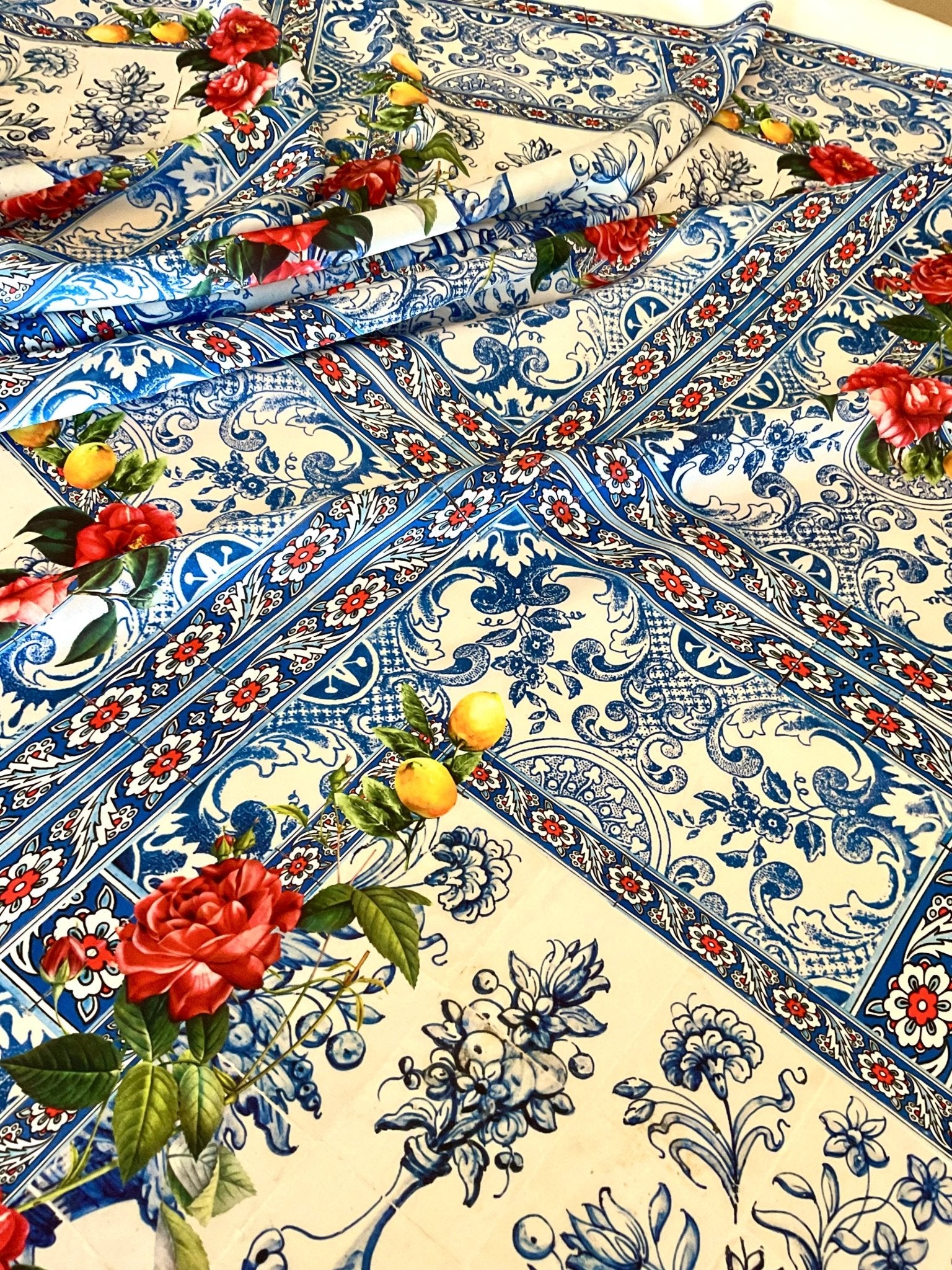 Italian Tile Fabric, Majolica Mosaic Pattern, Crepe or Satin Fabric By The Yard - Whotex Online Fabric Store