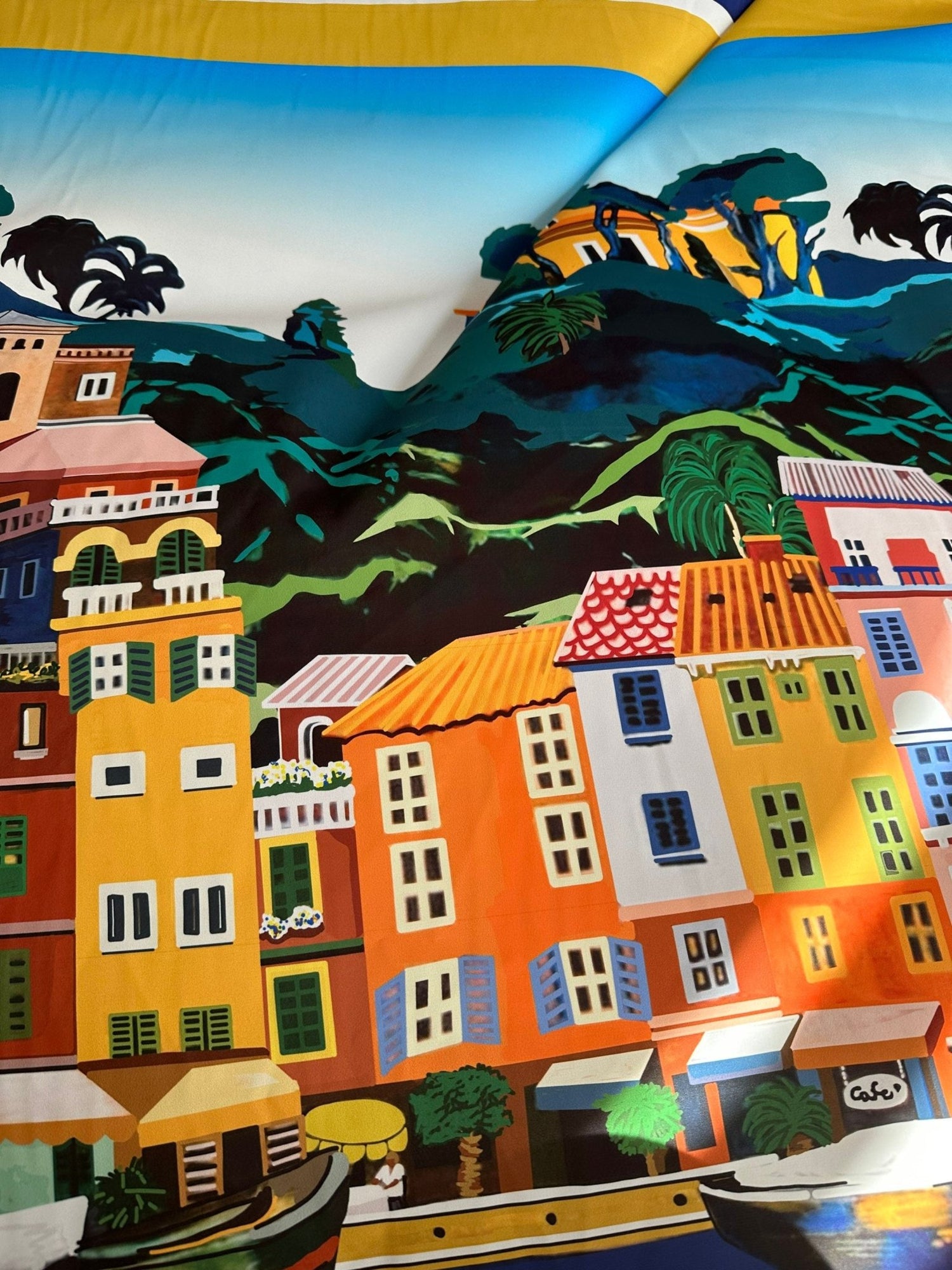 italy City Pattern Fabric,Portofino pattern Coastal City Silky Crepe Fabric , 1 Panel Fabric (150*100cm // 1.64 * 1.09 yard) - Whotex Online Fabric Store