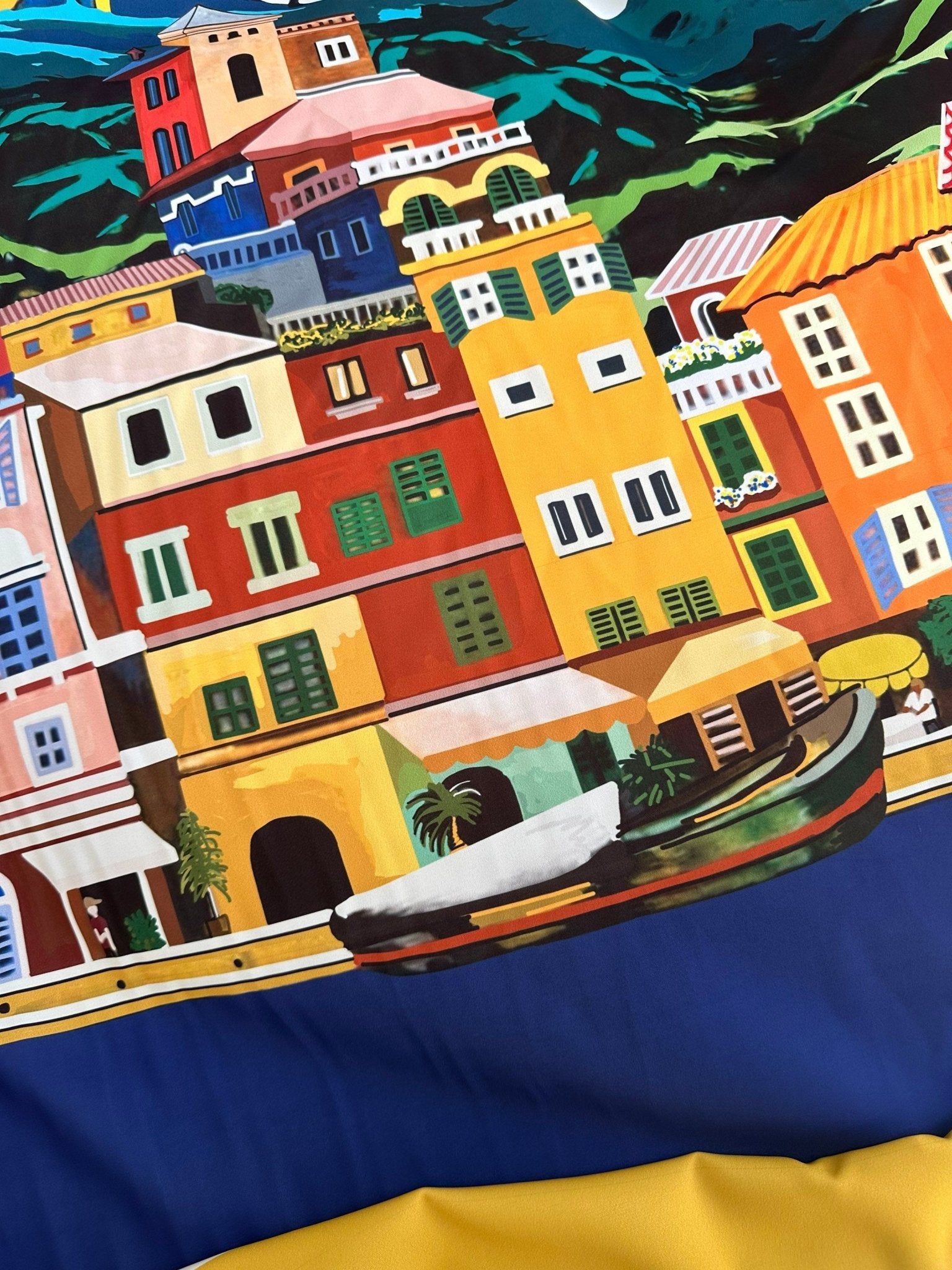 italy City Pattern Fabric,Portofino pattern Coastal City Silky Crepe Fabric , 1 Panel Fabric (150*100cm // 1.64 * 1.09 yard) - Whotex