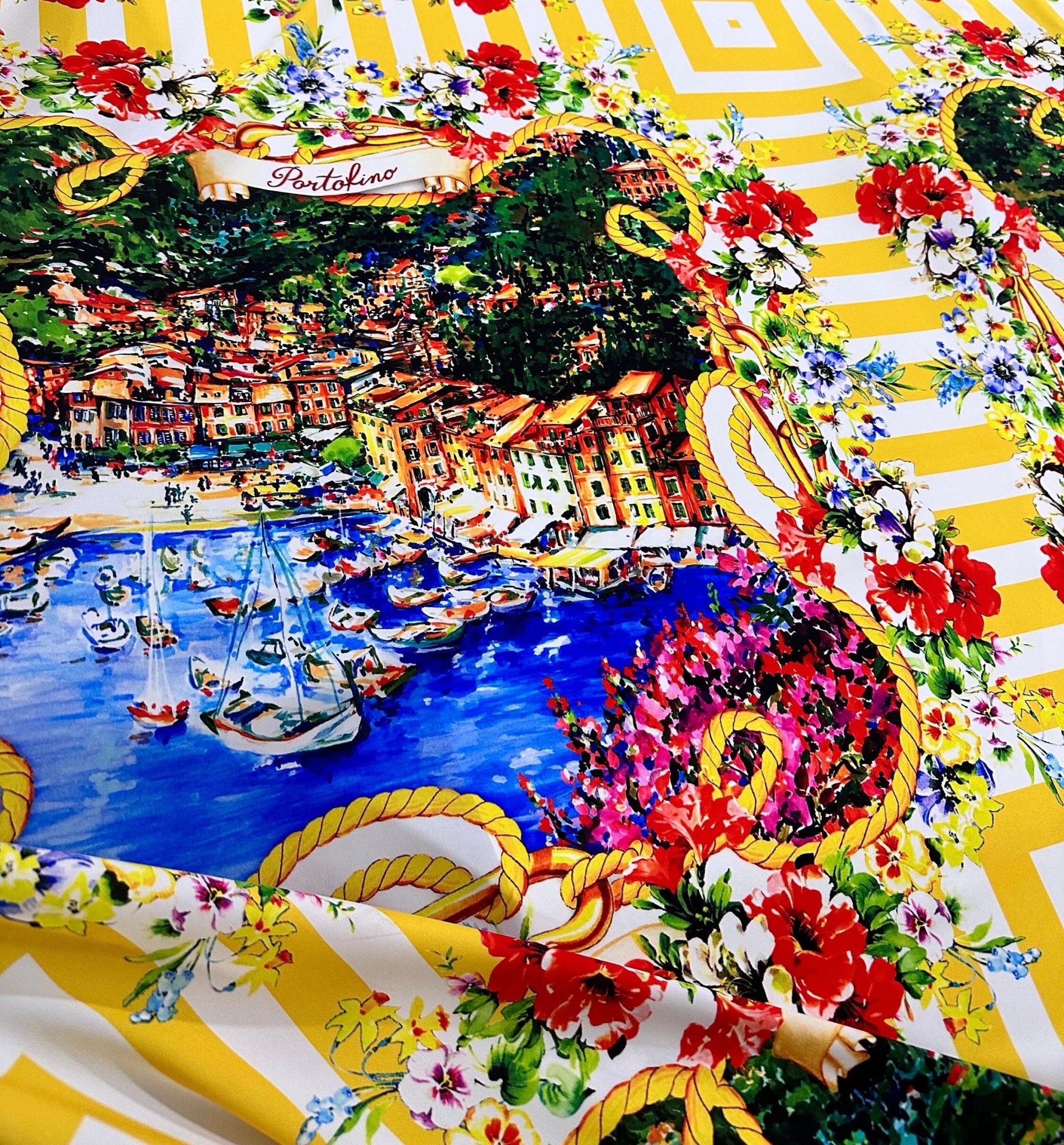 Italy Portofino Coastal City Yellow Pattern Fabric, Silky Crepe, Satin and Spandex - Whotex