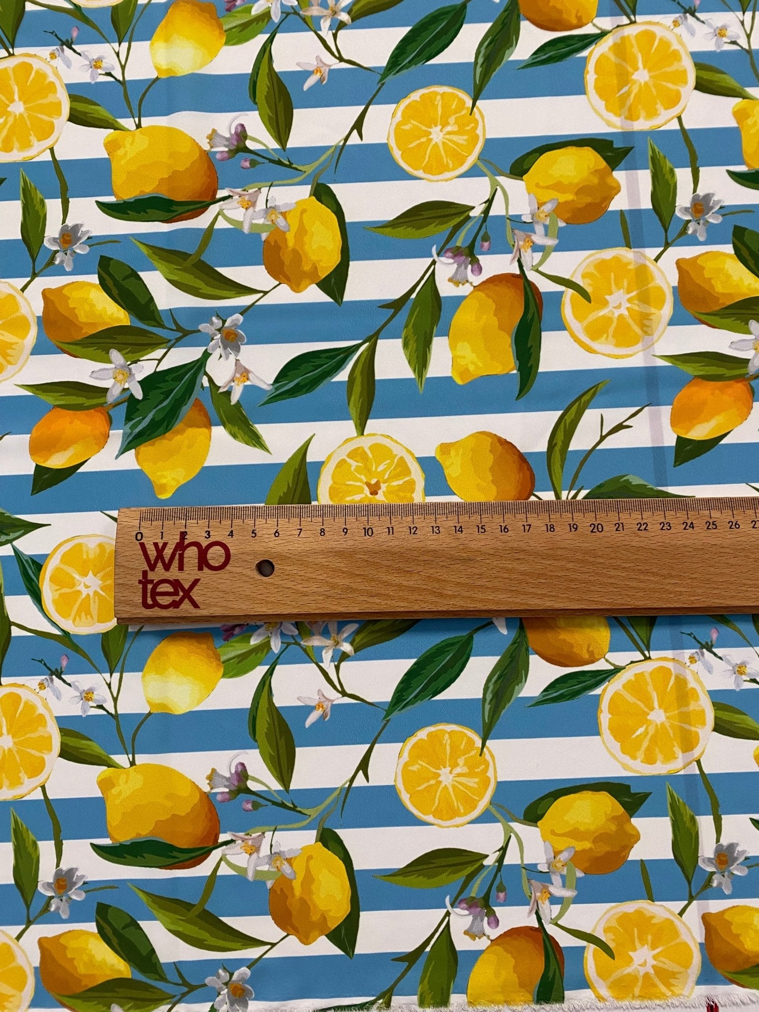 Lemon and Floral Print Fabric on Blue White Stripes - Whotex Online Fabric Store