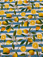 Lemon and Floral Print Fabric on Blue White Stripes - Whotex Online Fabric Store