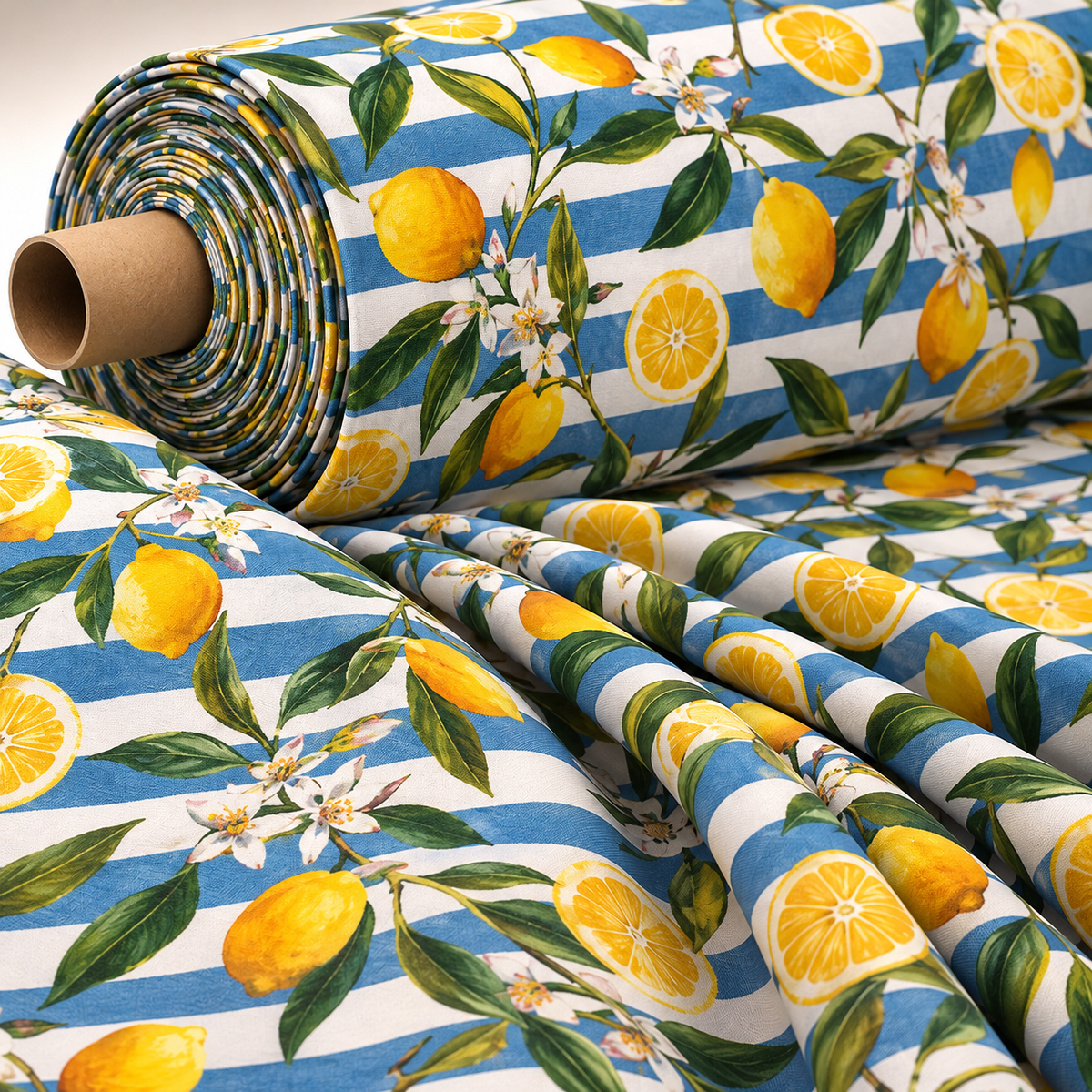 Lemon and Floral Print Fabric on Blue White Stripes Sold by Metre - Whotex Fabrics London