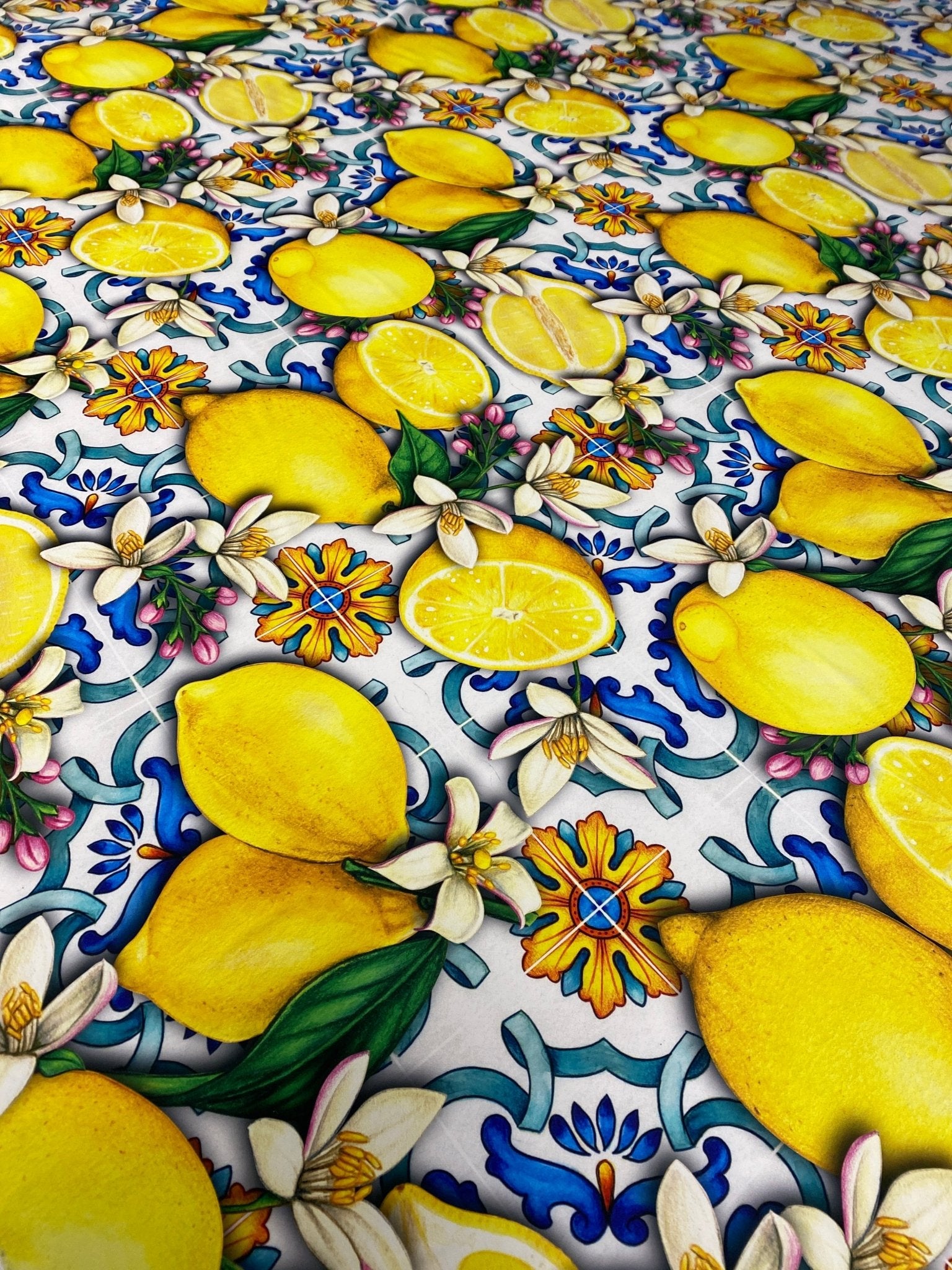 Lemon Blue Spanish Pattern Fabric - Vibrant Sewing and Craft Decor - Whotex Online Fabric Store