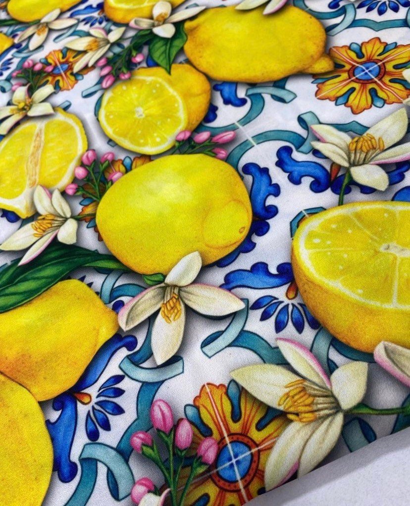 Lemon Pattern Fabric, Blue Spanish Pattern Satin Fabric - Whotex