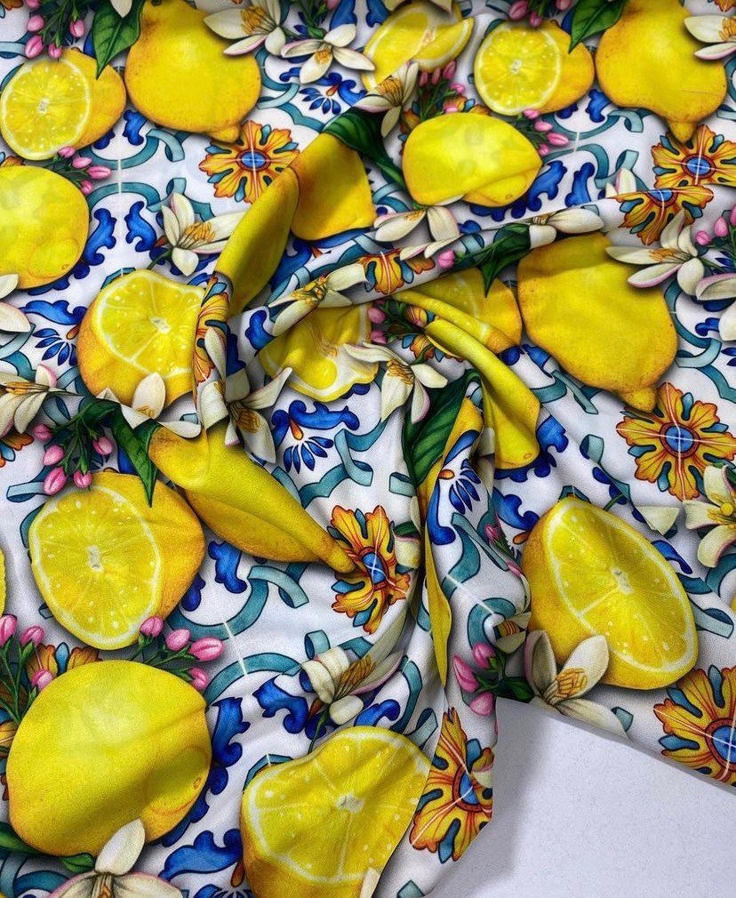 Lemon Pattern Fabric, Blue Spanish Pattern Satin Fabric - Whotex